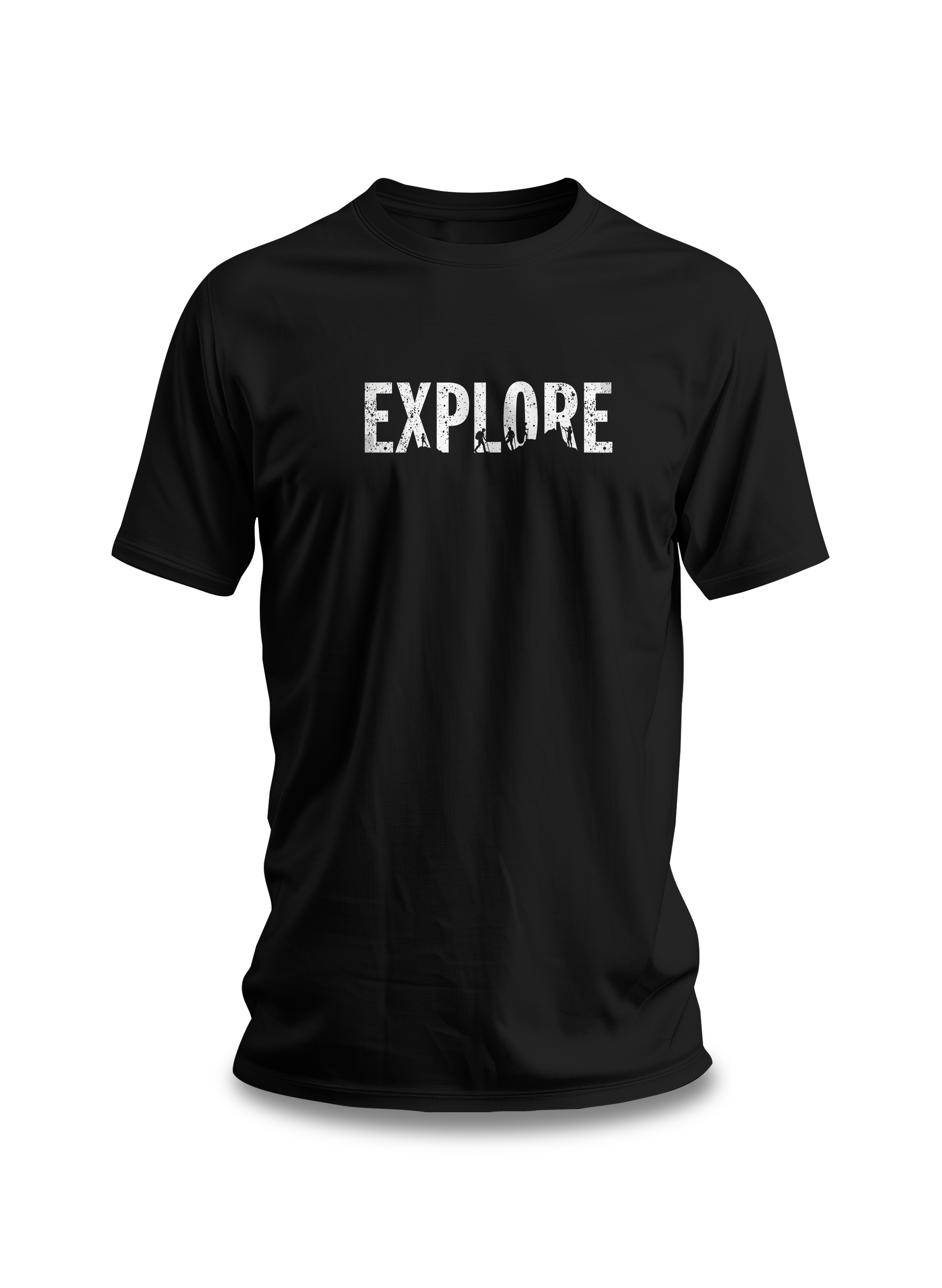 Black cotton t-shirt with the word 'EXPLORE' printed in white, along with silhouettes of hikers and explorers.