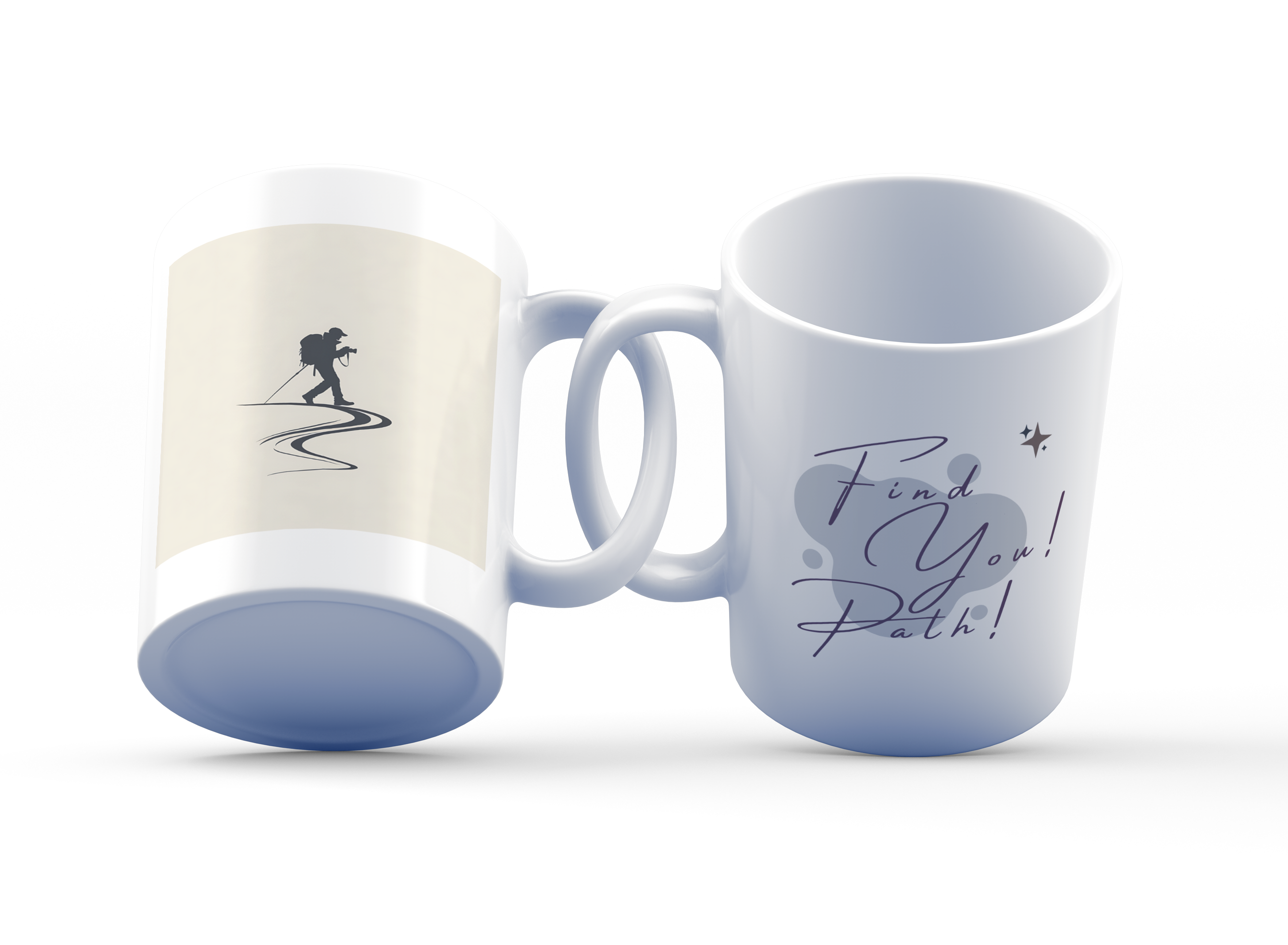 Two white ceramic mugs, one with a minimalist hiker silhouette on a side and the text 'Find Your Path' on the other, displayed against a neutral background.