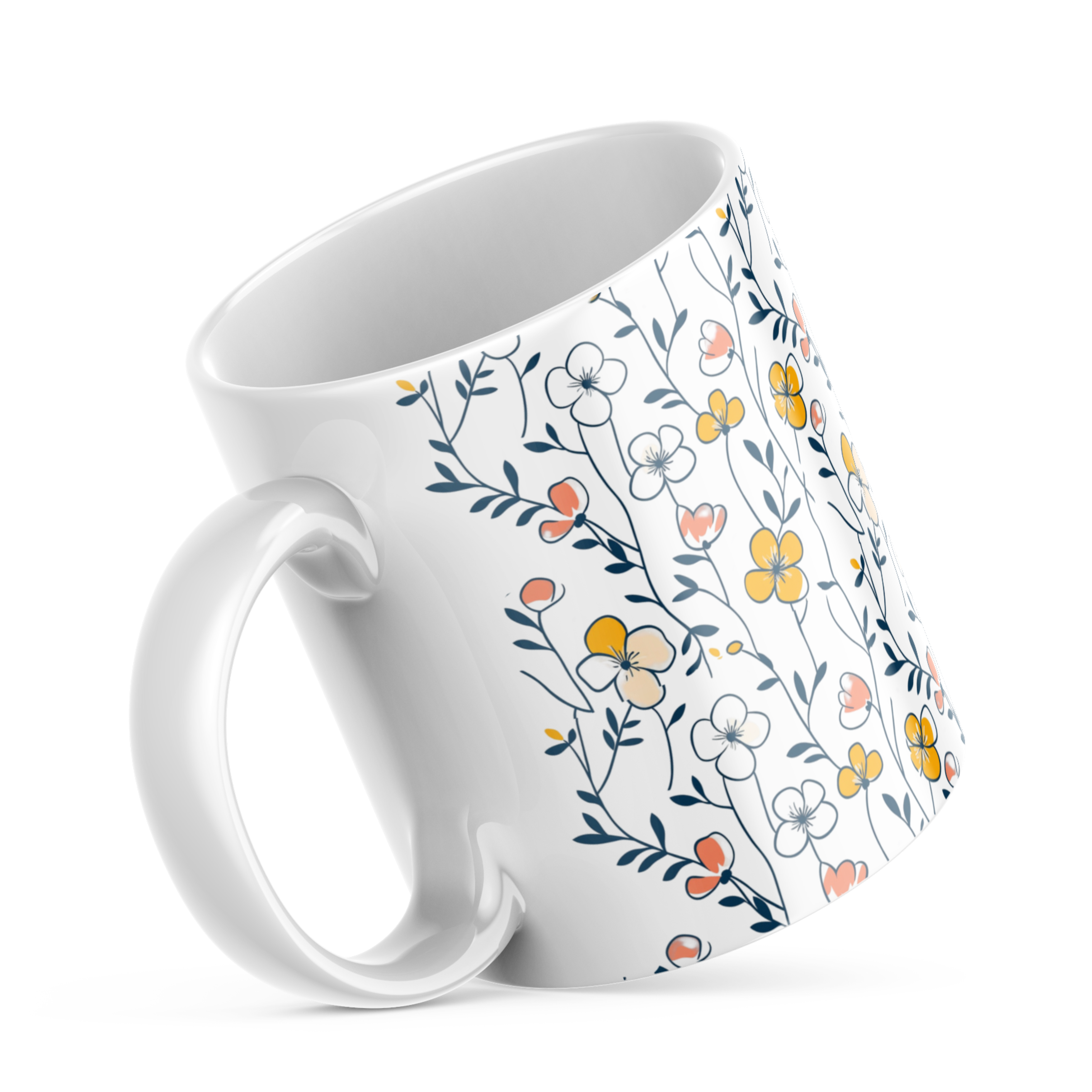  Closeup of watercolor wildflower pattern on floral ceramic mug