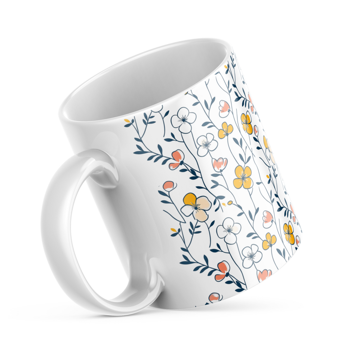  Closeup of watercolor wildflower pattern on floral ceramic mug