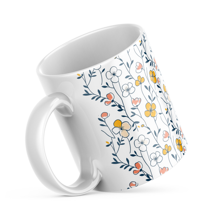  Closeup of watercolor wildflower pattern on floral ceramic mug