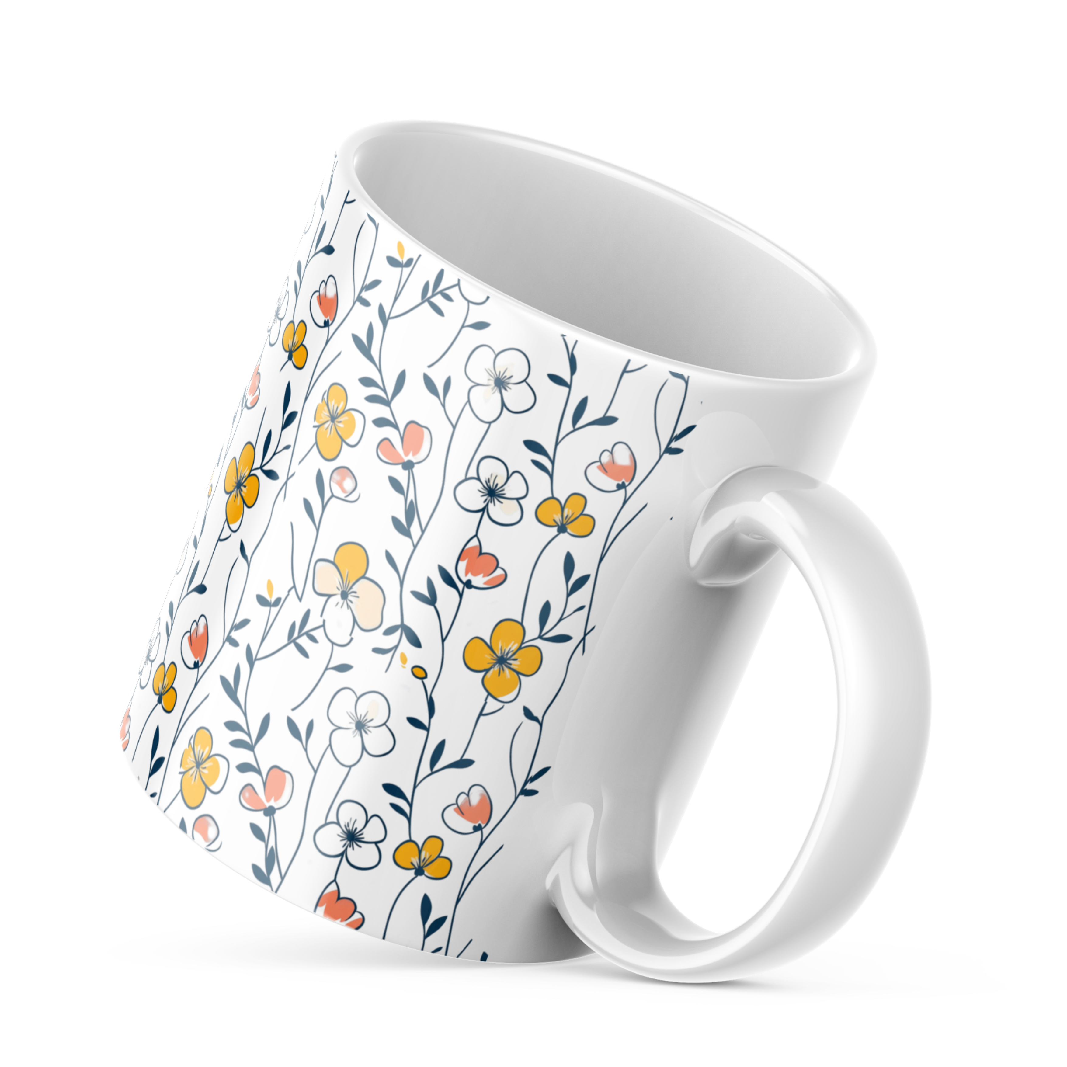 Ceramic mug handle with floral meadow wildflowers, 11oz cup