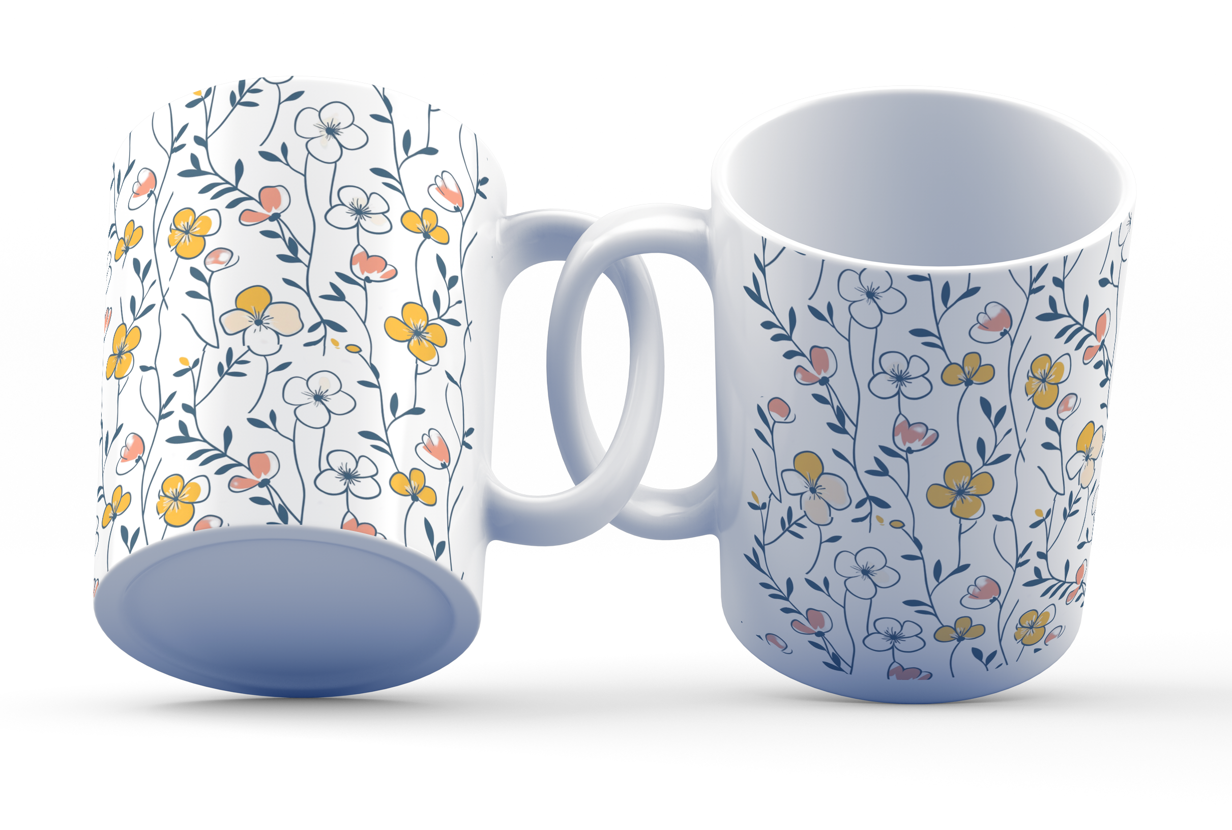 Two white ceramic mugs with a delicate floral pattern, featuring small flowers and vines in pastel colors on a blue background.