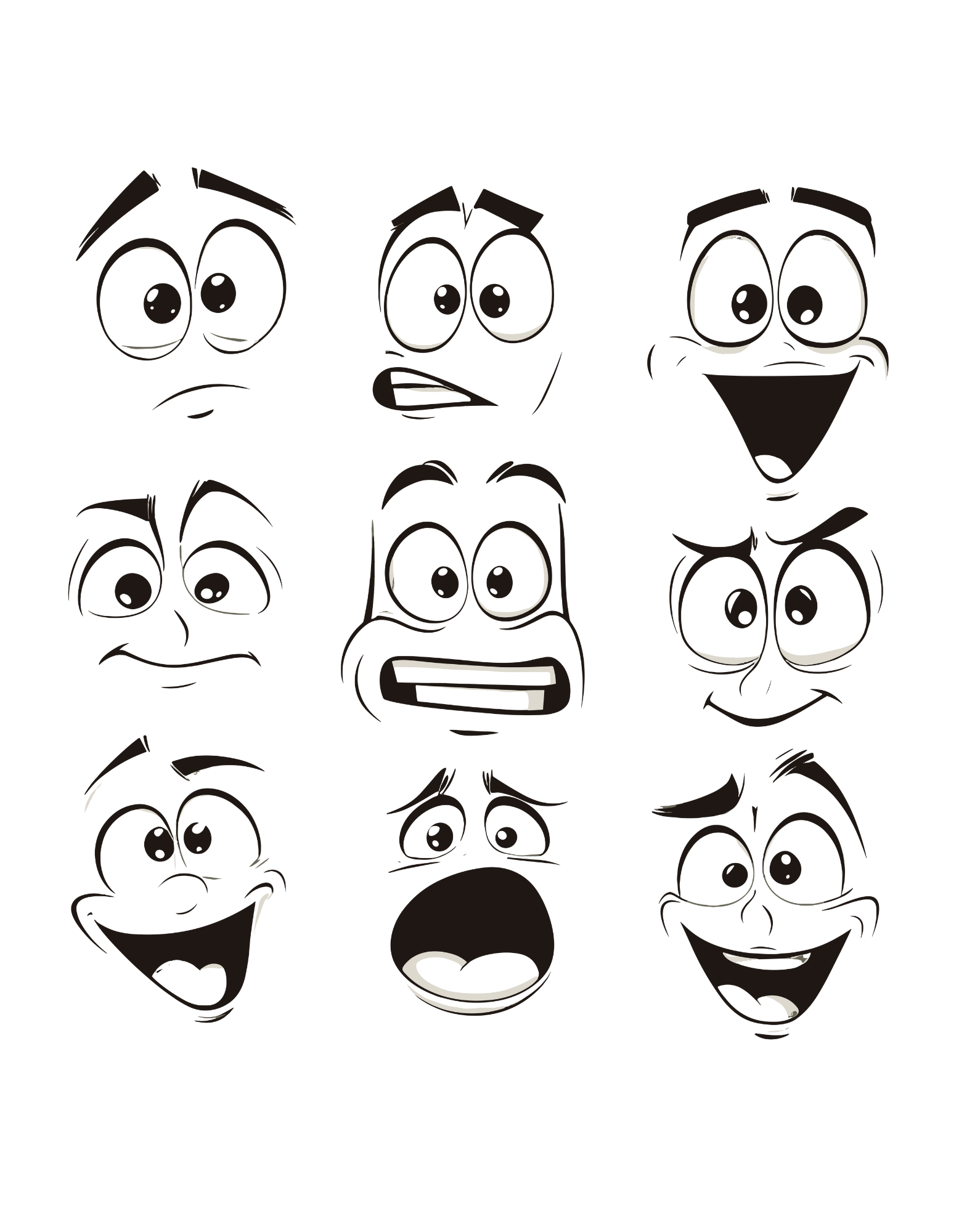 A white cotton unisex t-shirt featuring a design of various expressive cartoon faces.