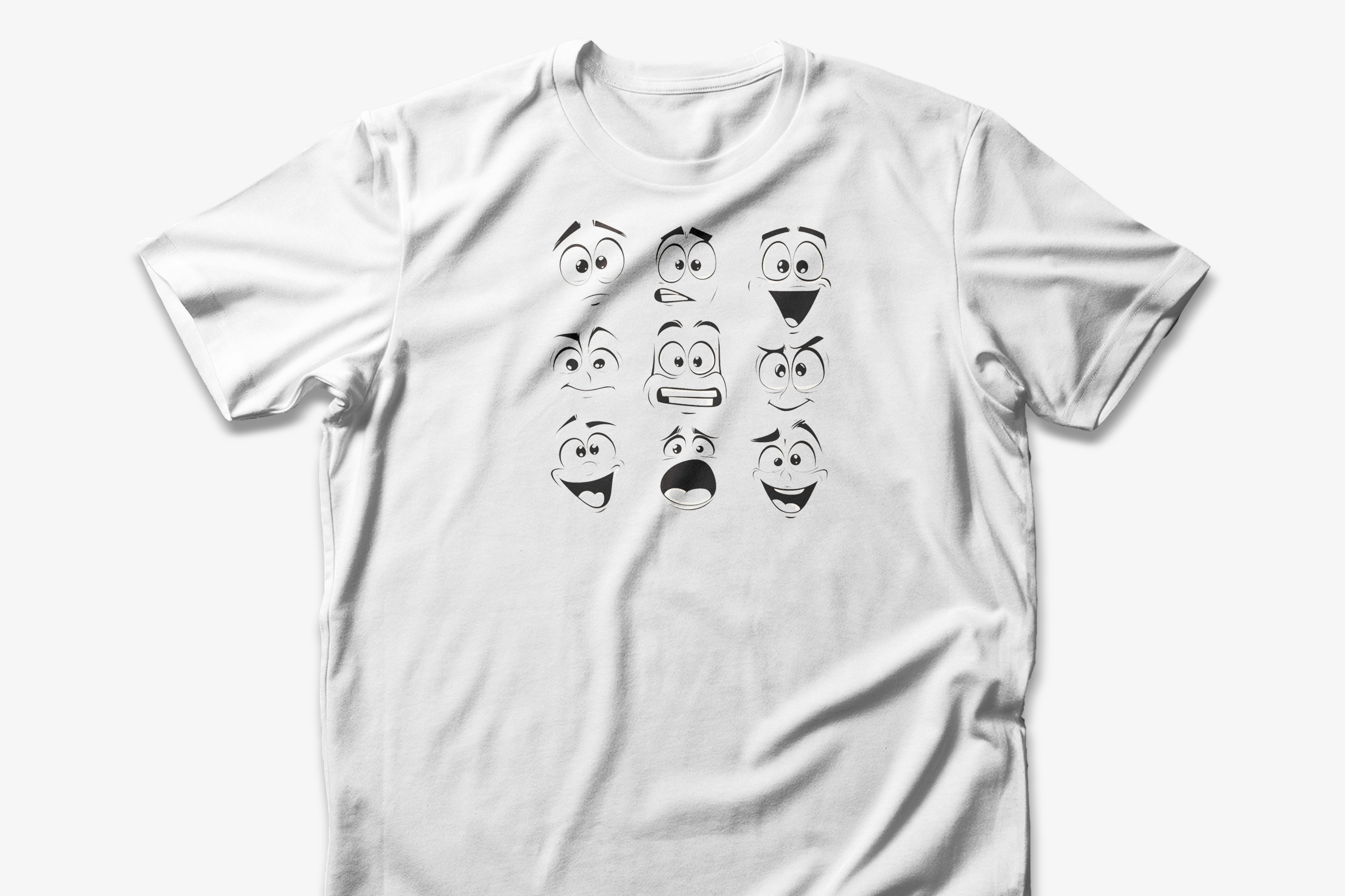 A white cotton unisex t-shirt featuring a design of various expressive cartoon faces.