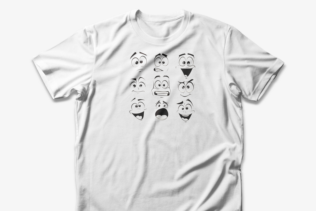 A white cotton unisex t-shirt featuring a design of various expressive cartoon faces.