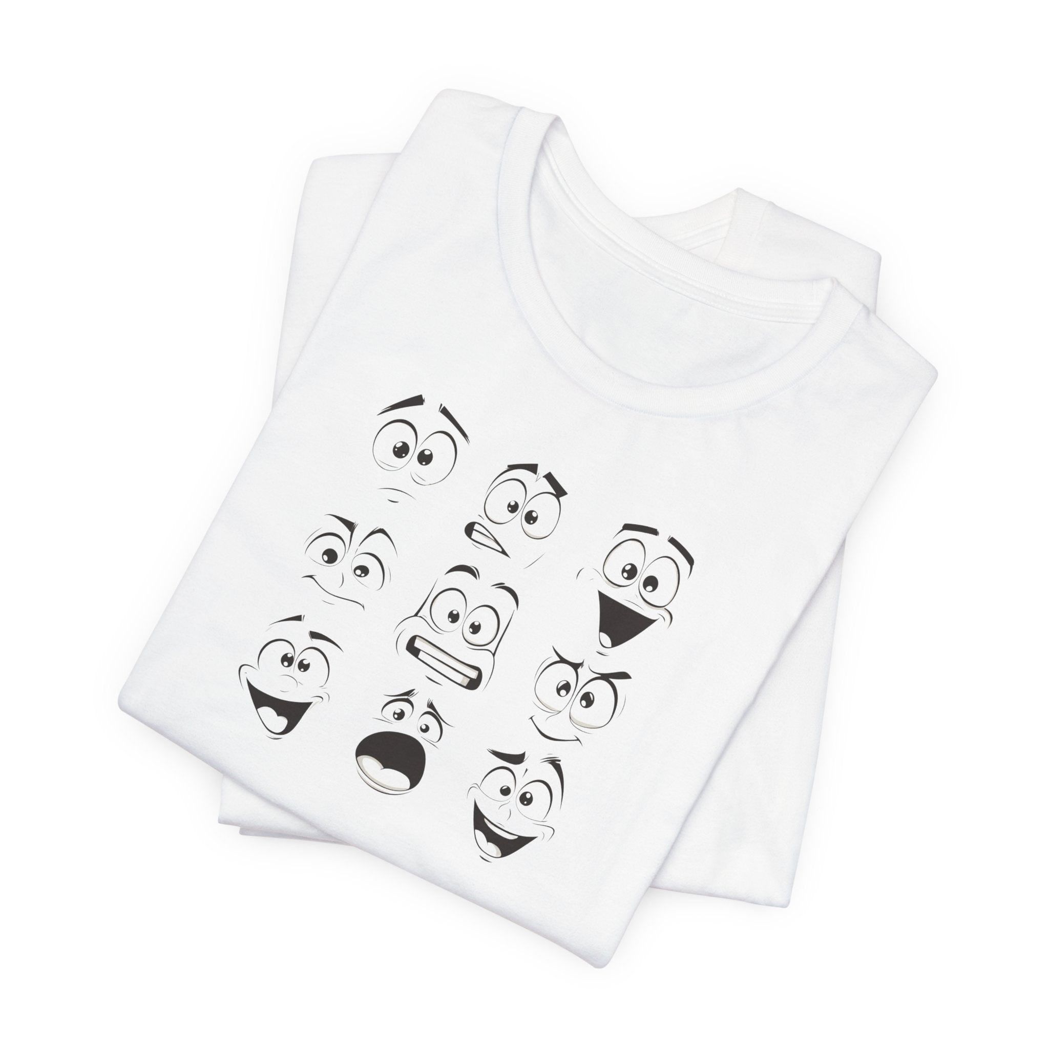 A white cotton unisex t-shirt featuring a design of various expressive cartoon faces.