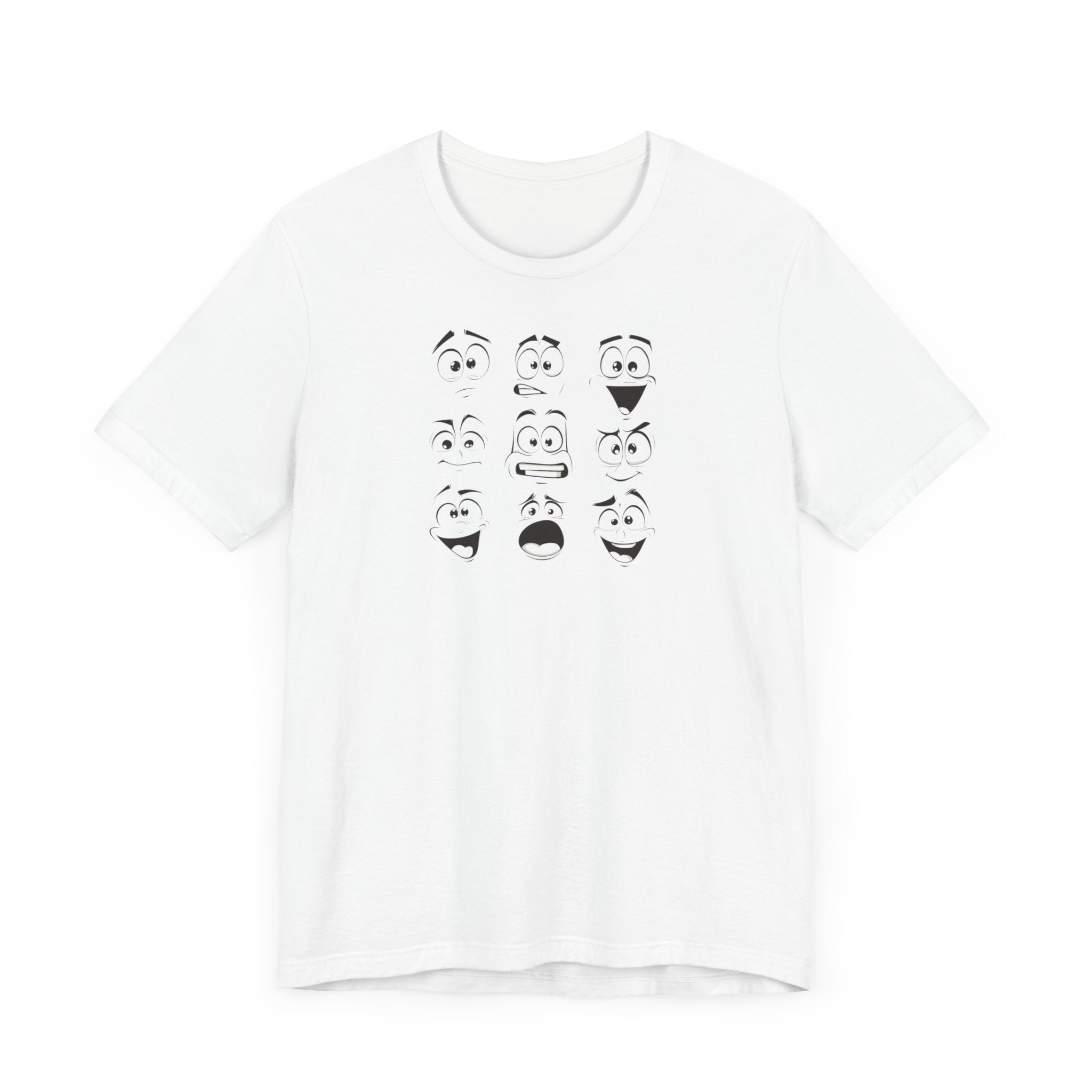 A white cotton unisex t-shirt featuring a design of various expressive cartoon faces.