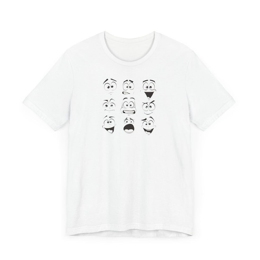 A white cotton unisex t-shirt featuring a design of various expressive cartoon faces.