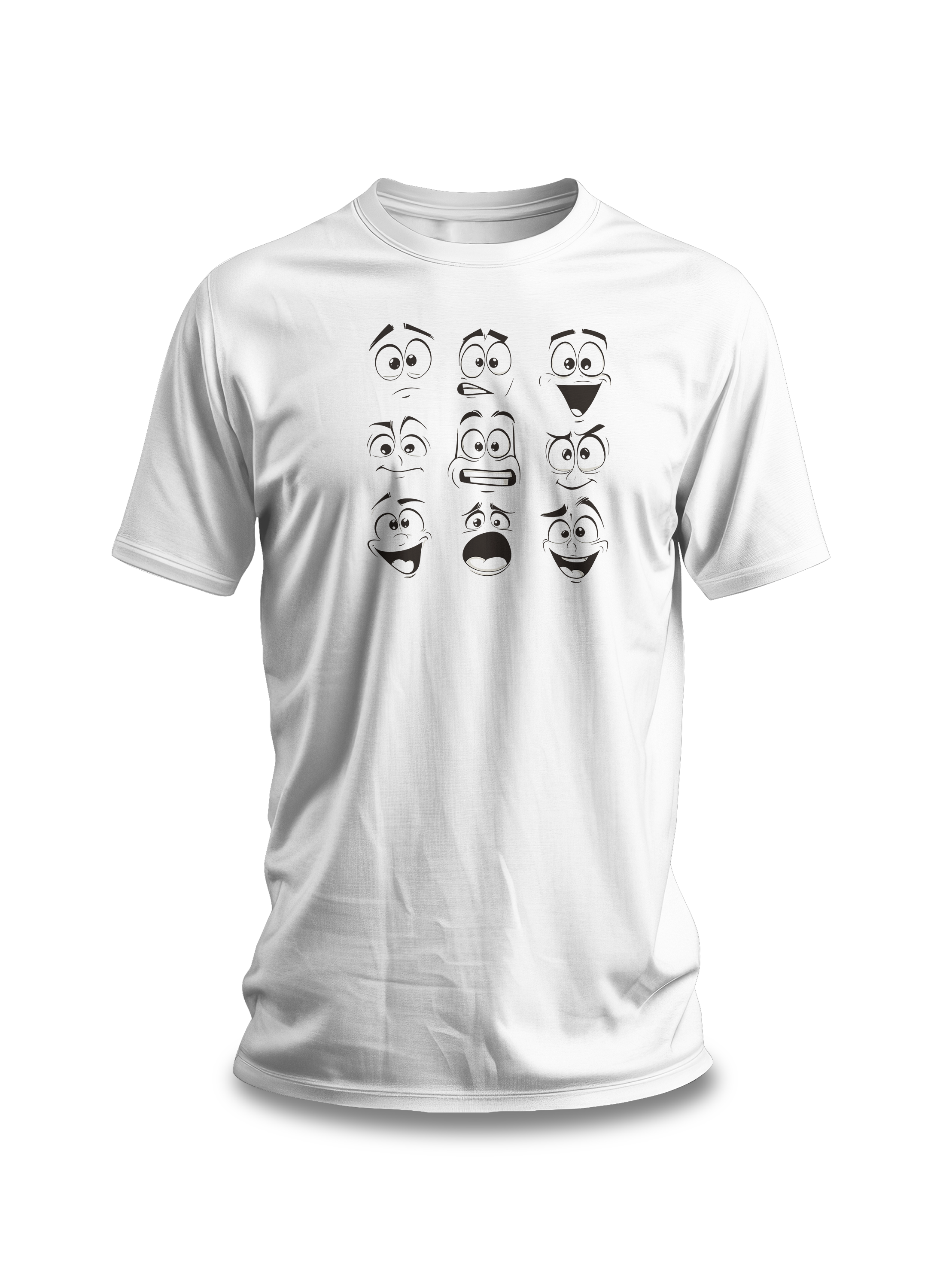 A white cotton unisex t-shirt featuring a design of various expressive cartoon faces.