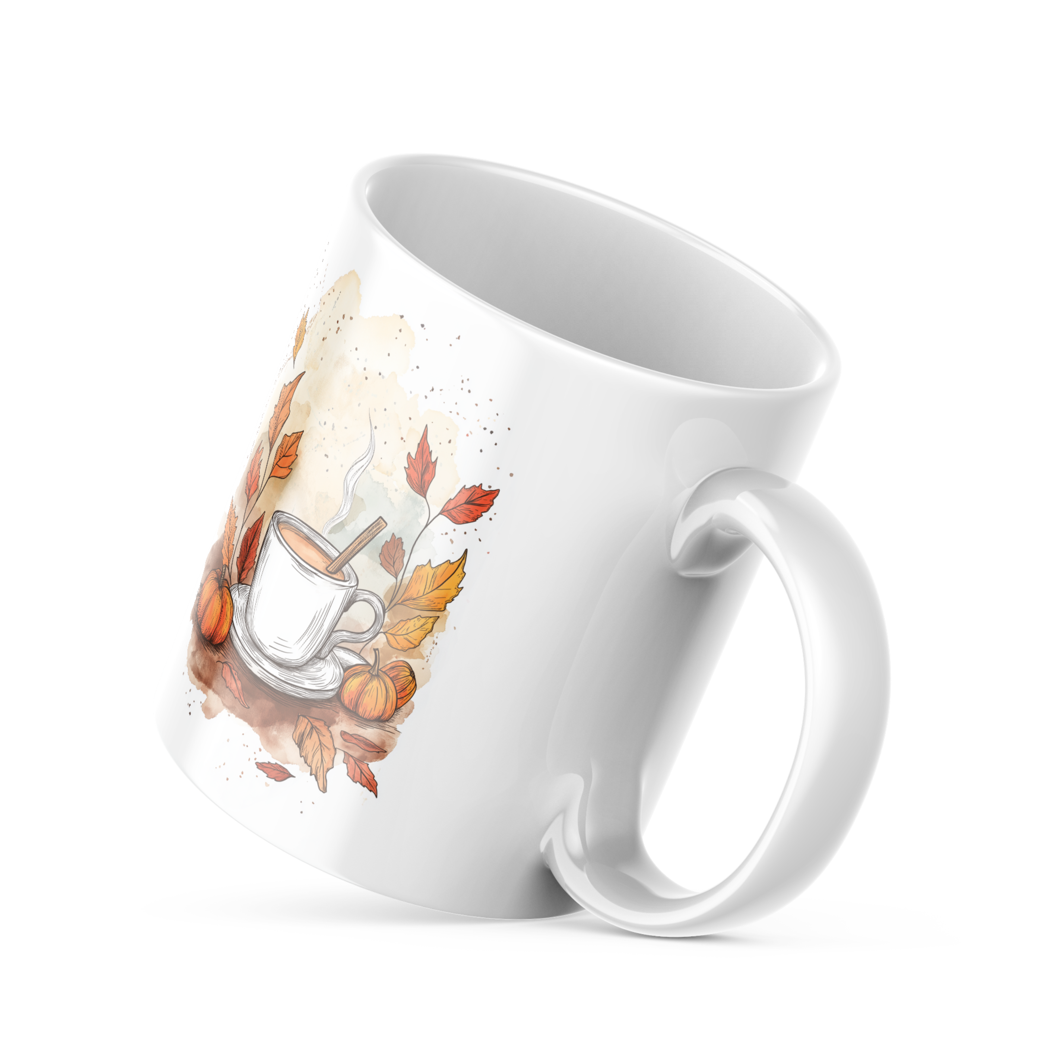 Watercolor pumpkin and leaves detail on ceramic mug