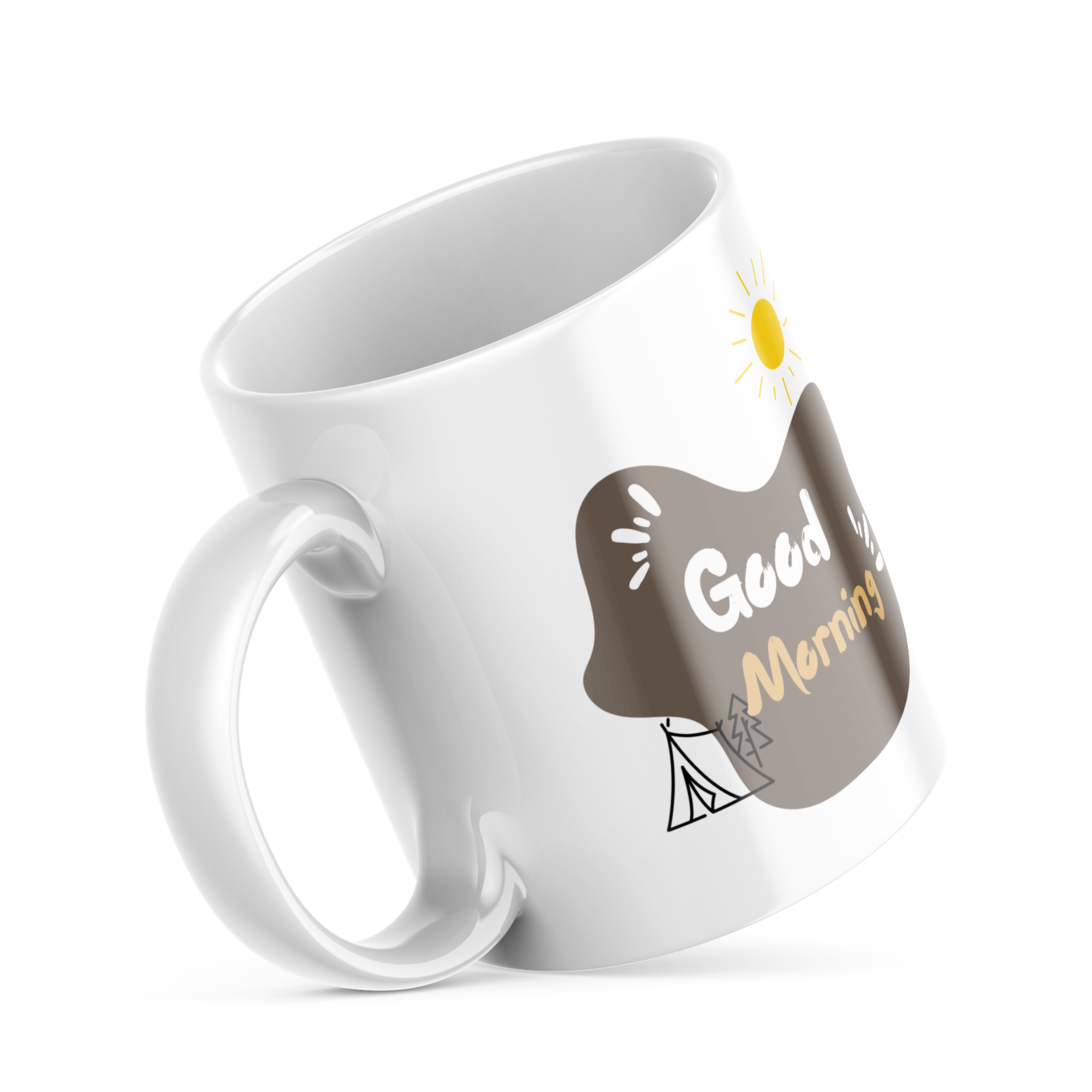 Good Morning text with sun and tent camping icon on mug