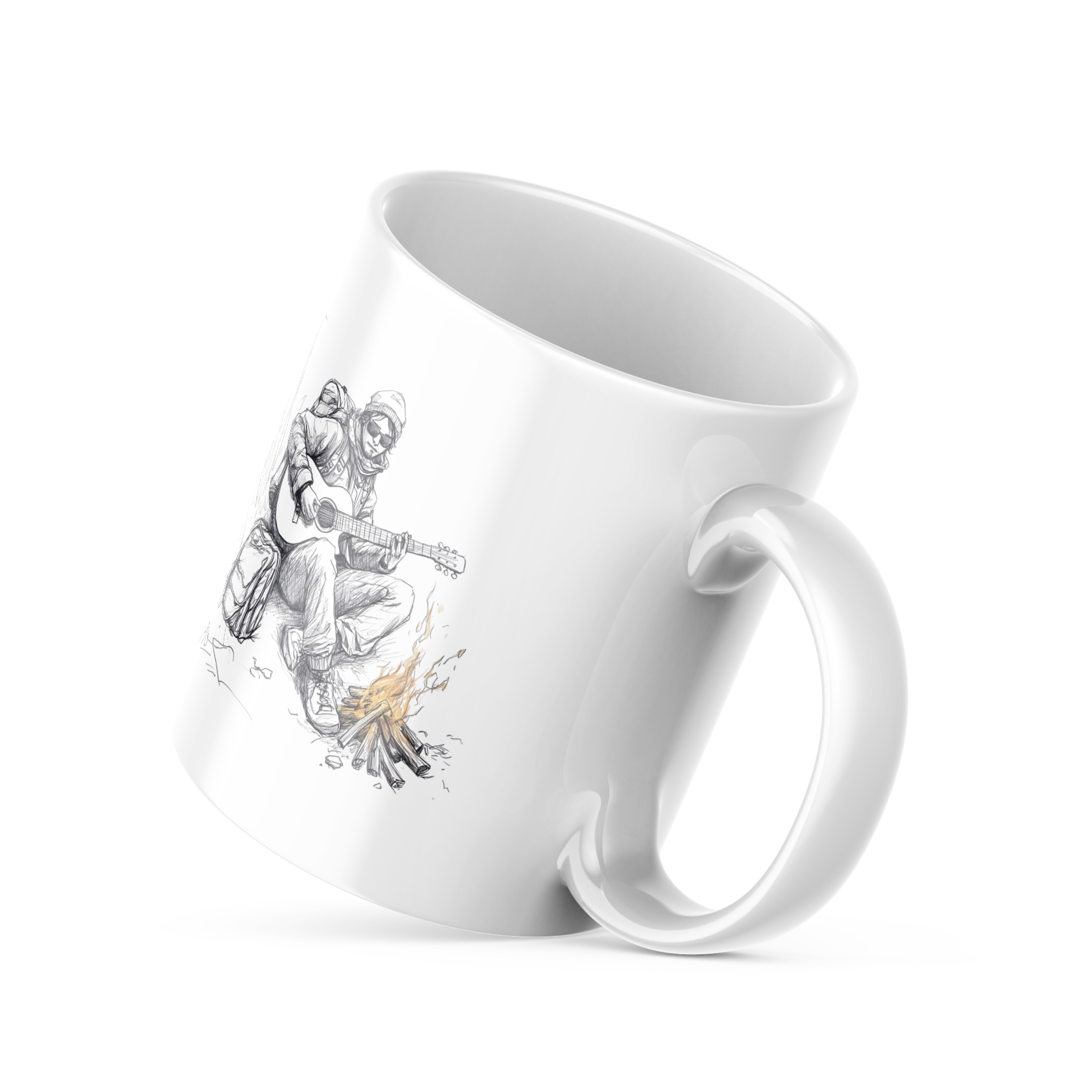 Closeup guitarist by campfire sketch art mug