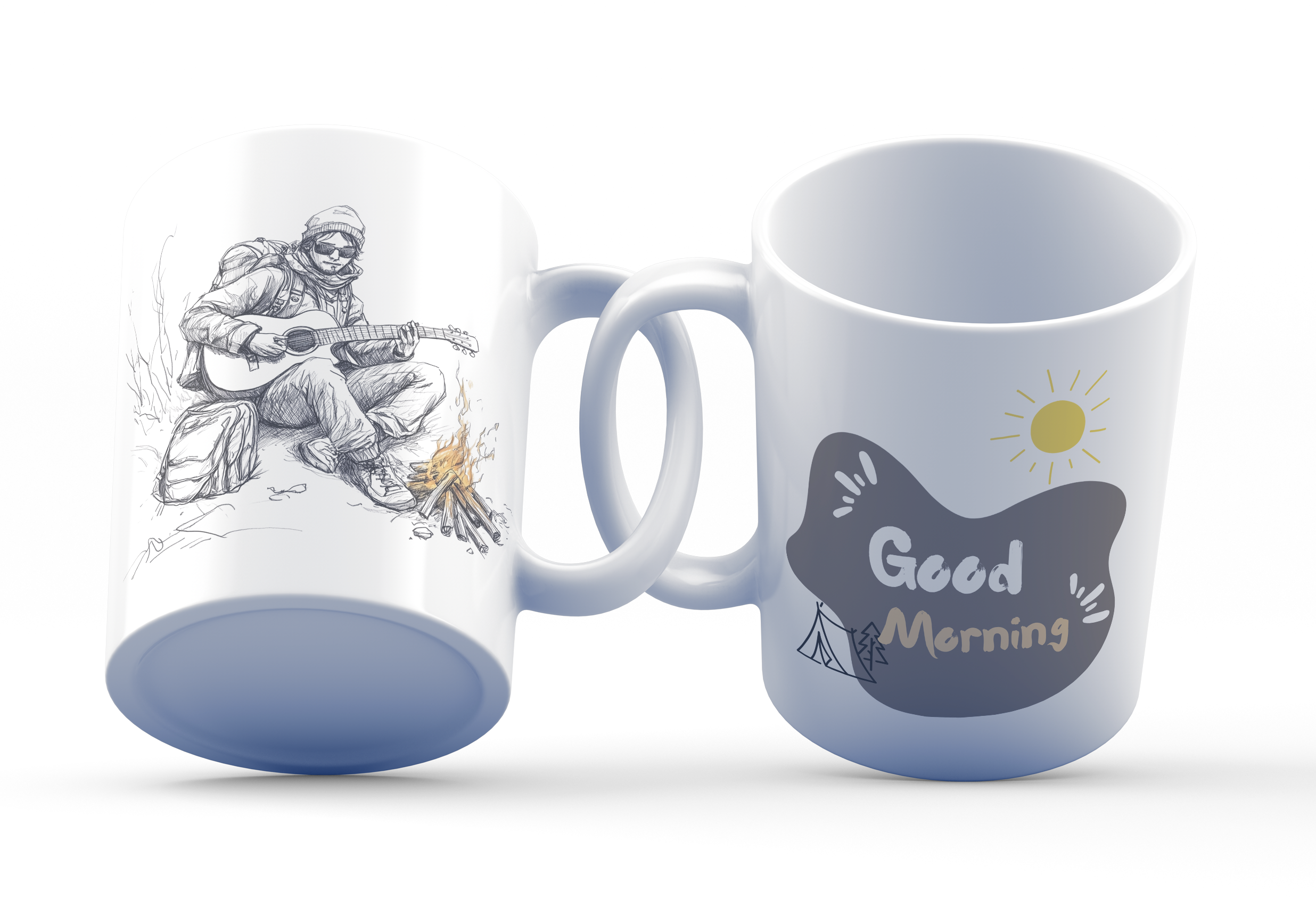 A white ceramic coffee mug with two designs, one side featuring a black-and-white illustration of a person with a guitar by a campfire, and the other side with a 'Good Morning' message accompanied by a sun and tent icons.