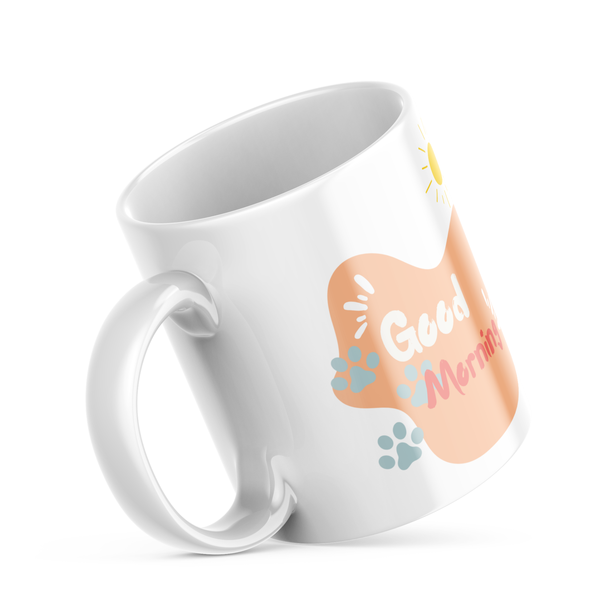 Closeup of happy cat drawing, colorful balloons, white mug