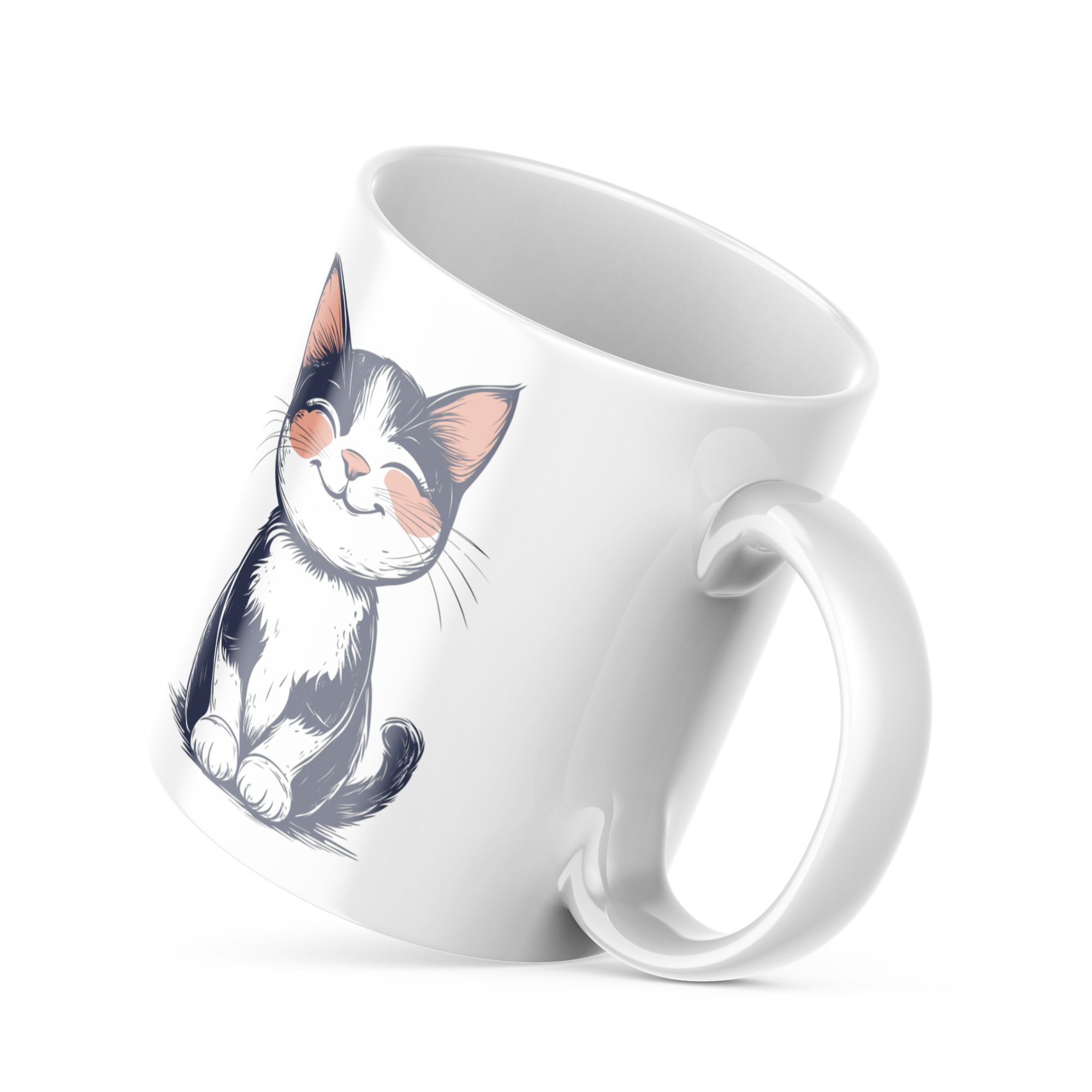 Smiling kitten illustration on white ceramic mug
