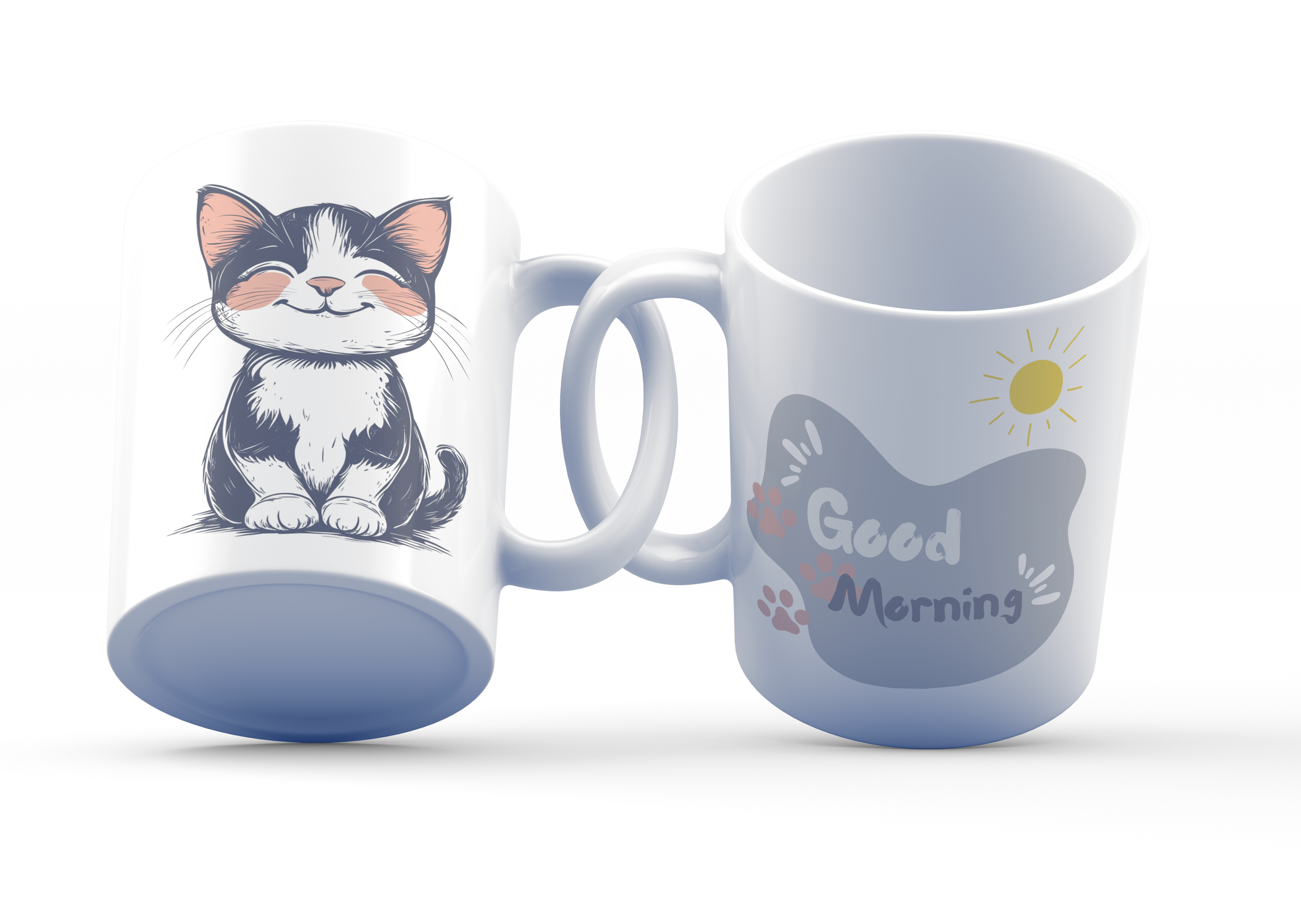 A white ceramic coffee cup with a detailed illustration of a smiling black-and-white cat on one side and a 'Good Morning' message with a sun and paw prints on the other side.