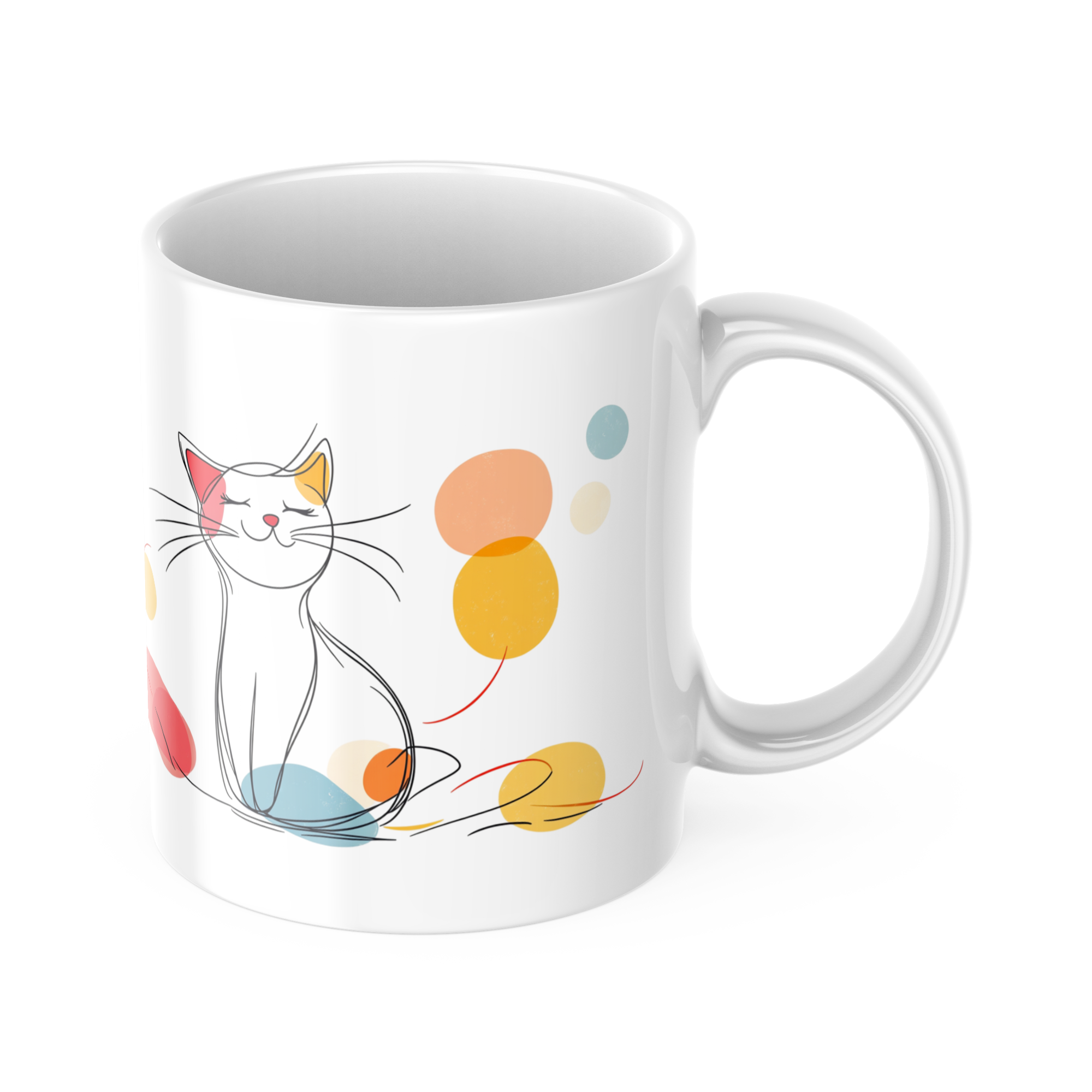 Side view of cat mug, smiling cat and Good Morning graphic