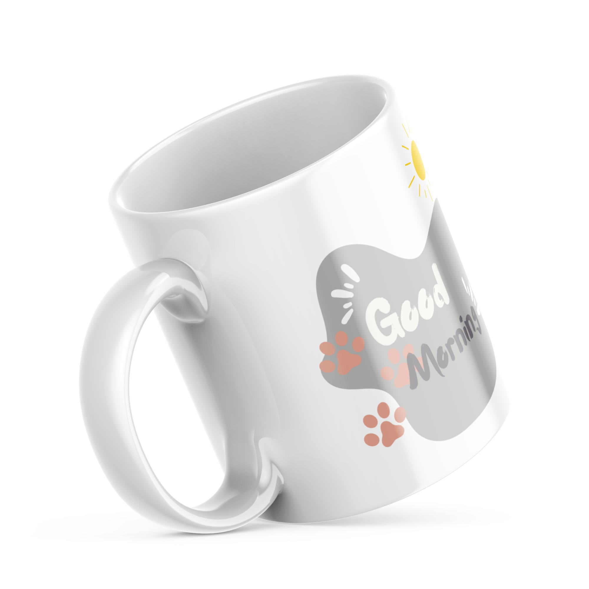  Good Morning text with sun and paw prints on cat mug