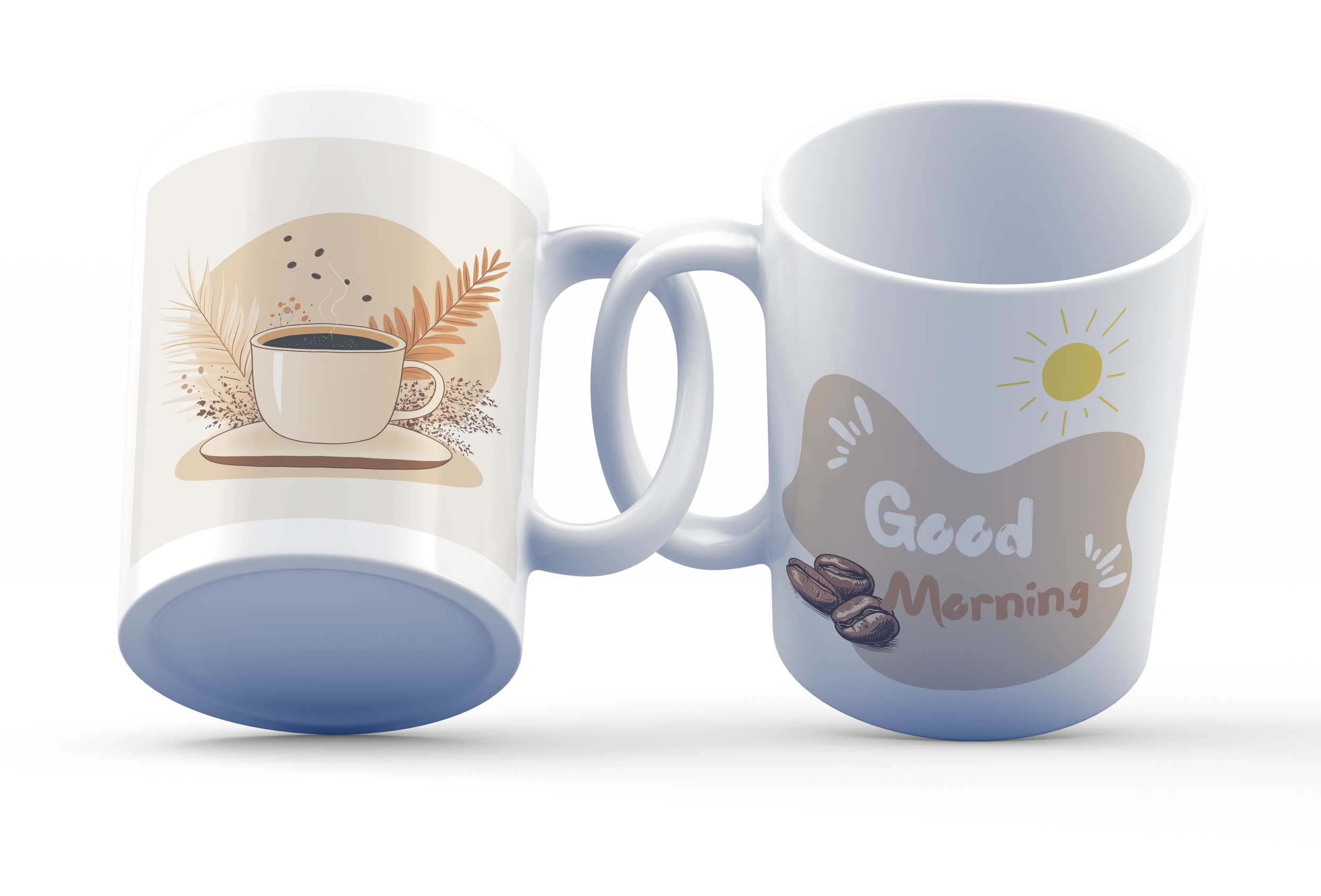 Two white ceramic coffee mugs with minimalist designs, one featuring a coffee cup illustration and the other with a 'Good Morning' message.