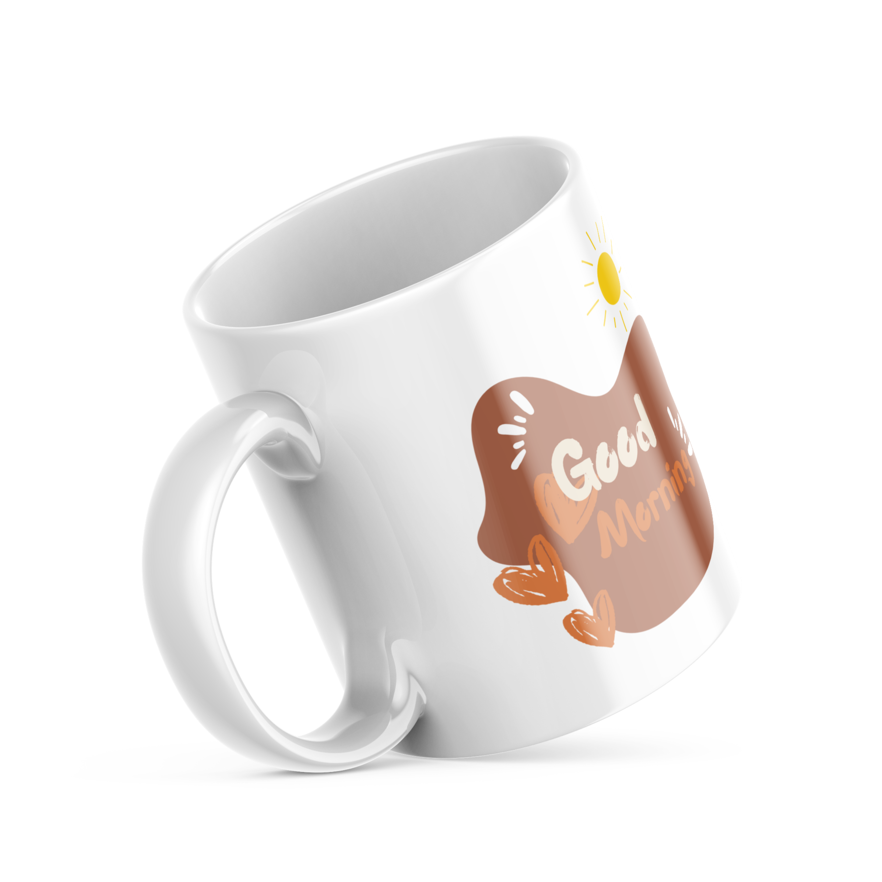 Closeup of pink hearts and cozy couple on coffee mug