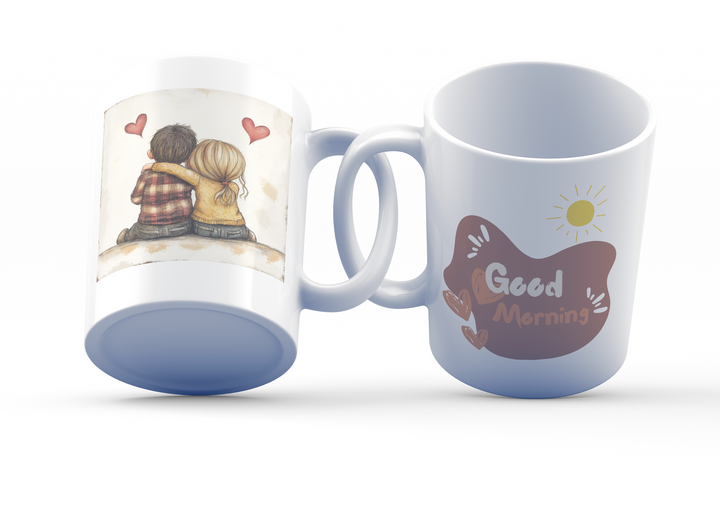 A white ceramic coffee mug with a romantic couple illustration and hearts on one side, and a 'Good Morning' message with a sun and hearts design on the other side.