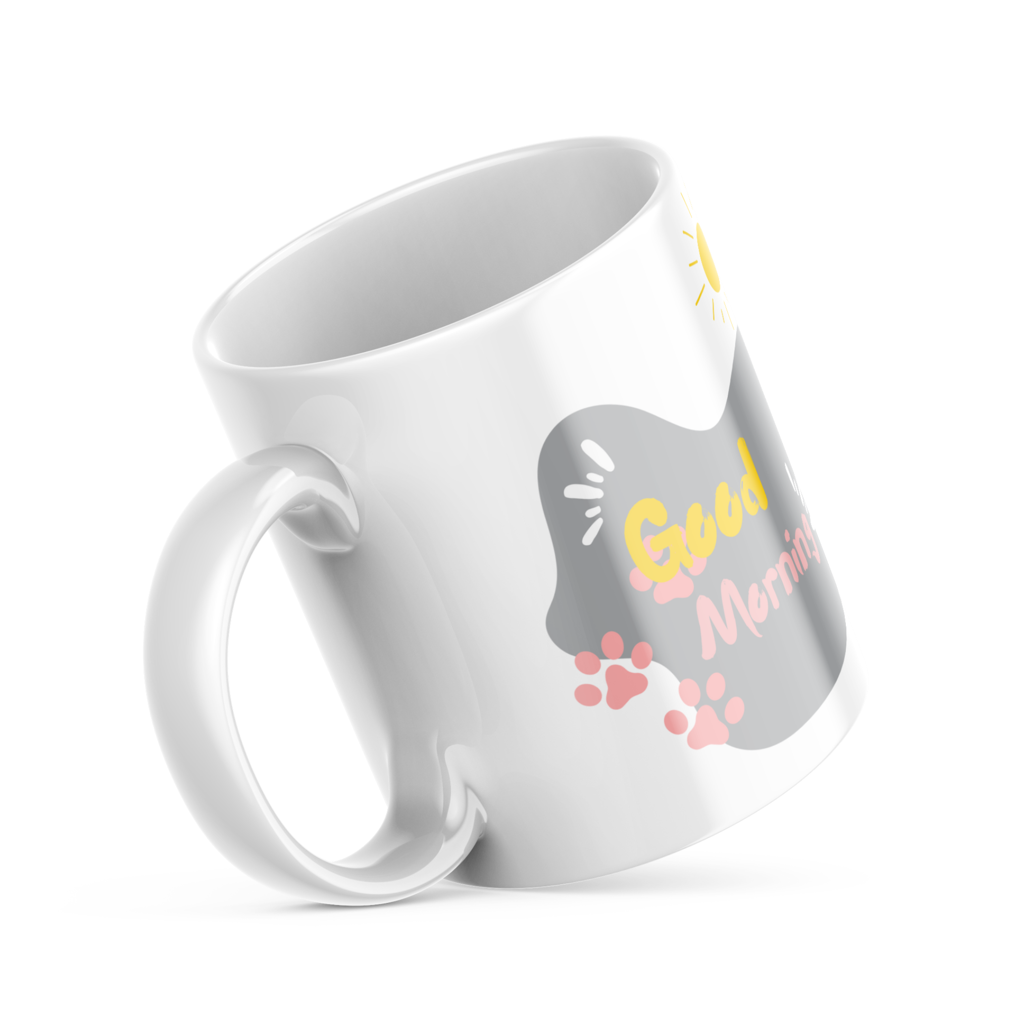 Closeup of smiling grey kitten with pink cheeks on ceramic mug