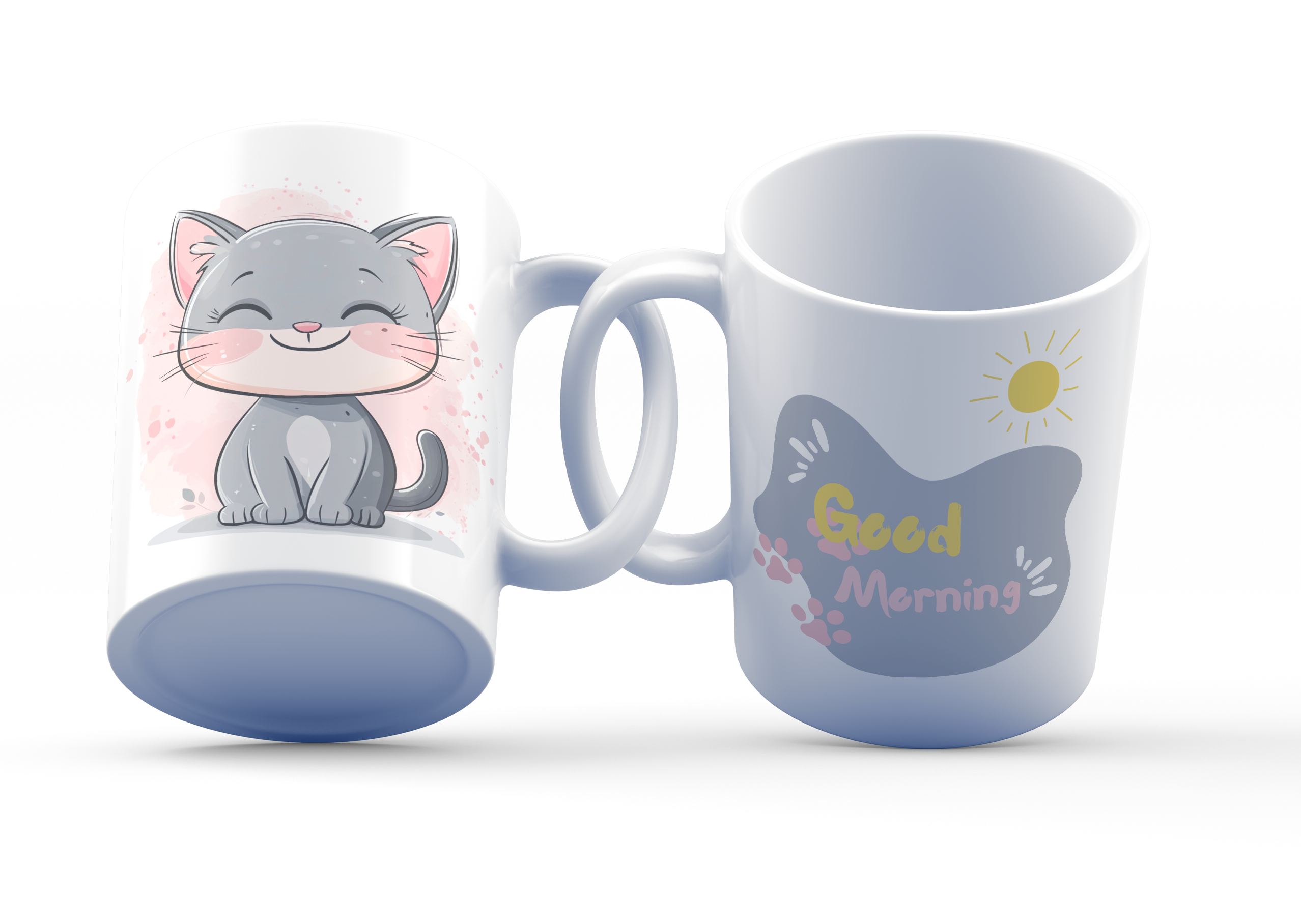 A white ceramic coffee cup with a cute grey cat illustration on one side and 'Good Morning' text with a sun and paw prints on the other side.