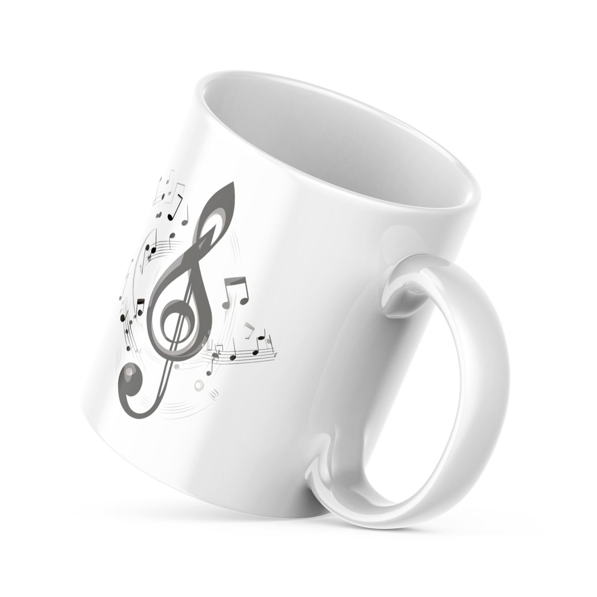 Music mug on breakfast table, sunny morning, lifestyle photo