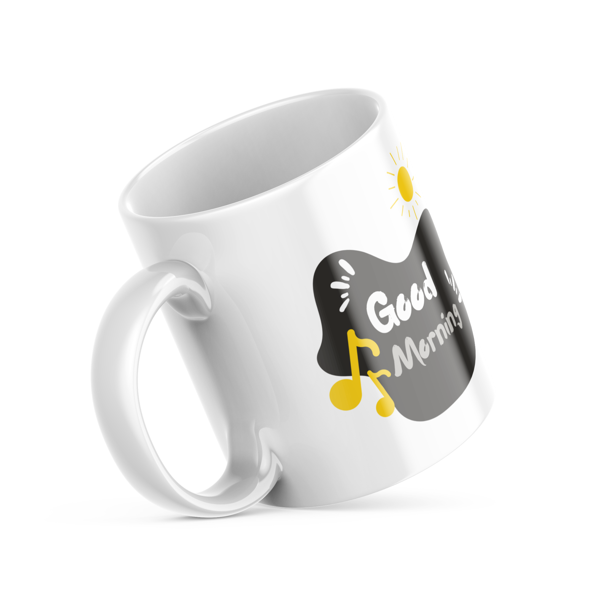 Top view of Good Morning Music Mug, showing black clef and notes