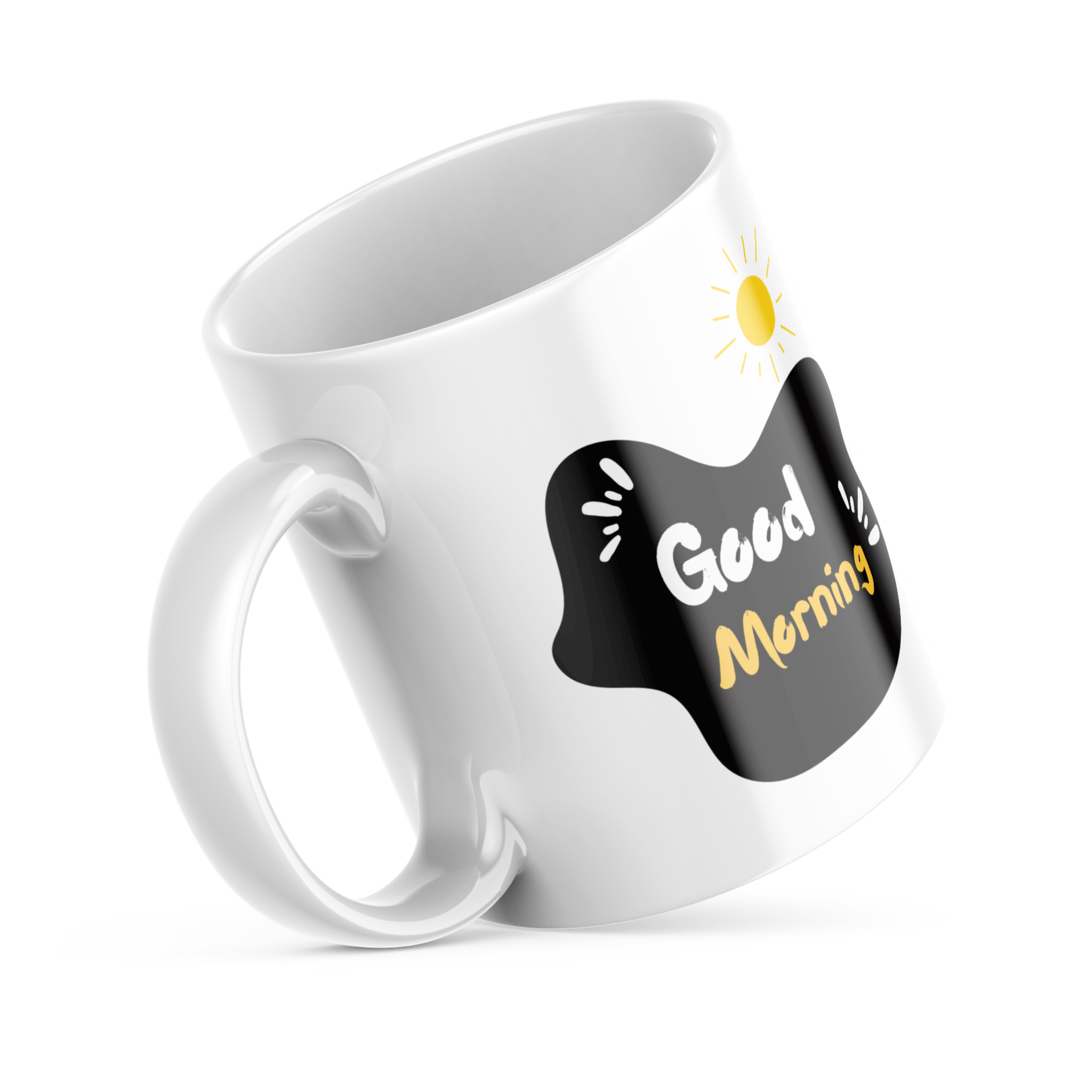 Bold black treble clef sketch, yellow sun, ceramic mug