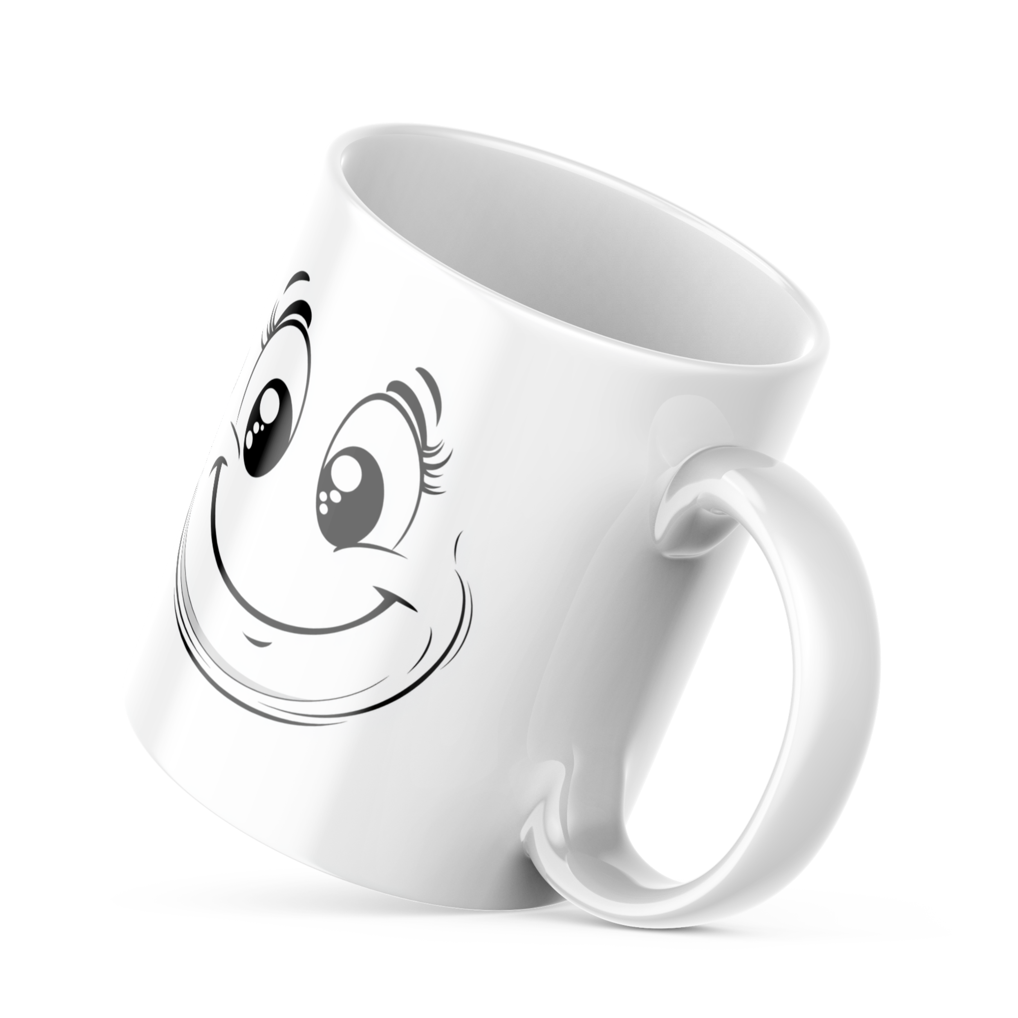 White ceramic mug handle, closeup, smiley coffee cup