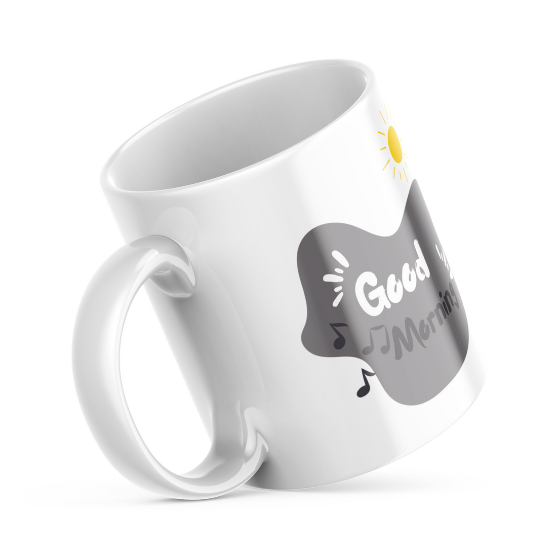Good Morning Music Mug 11oz with black treble clef and musical notes, coffee cup
