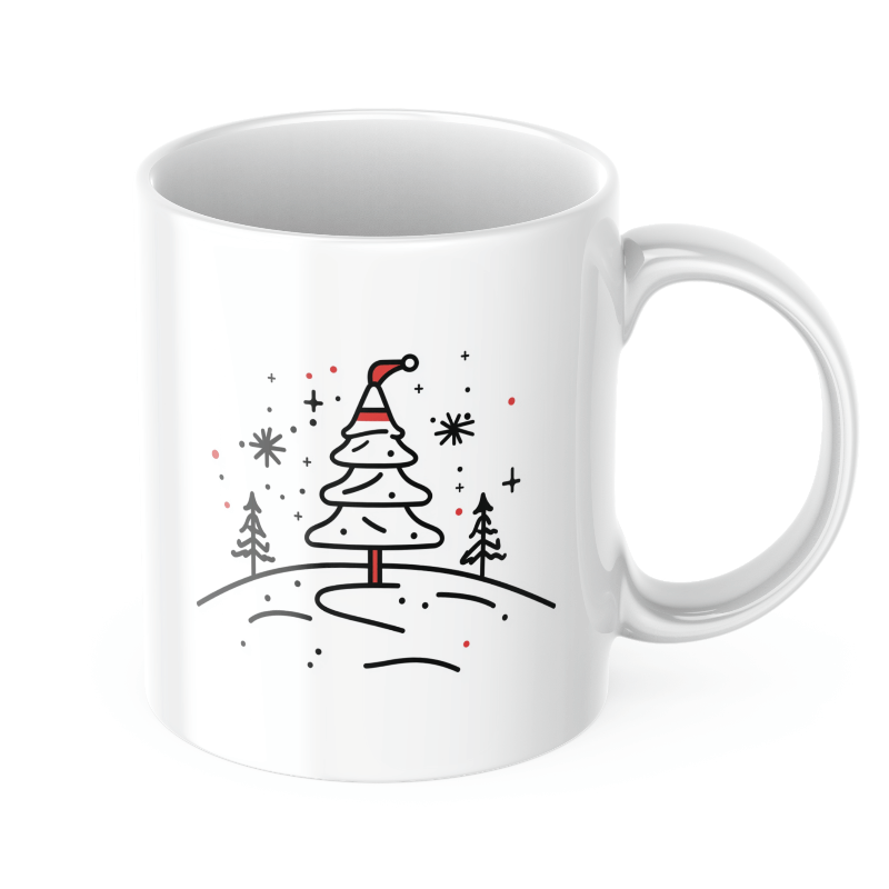 Two ceramic mugs, one with a Christmas tree design and the other with a Santa hat and snowflakes, both with 'Good Morning' text.