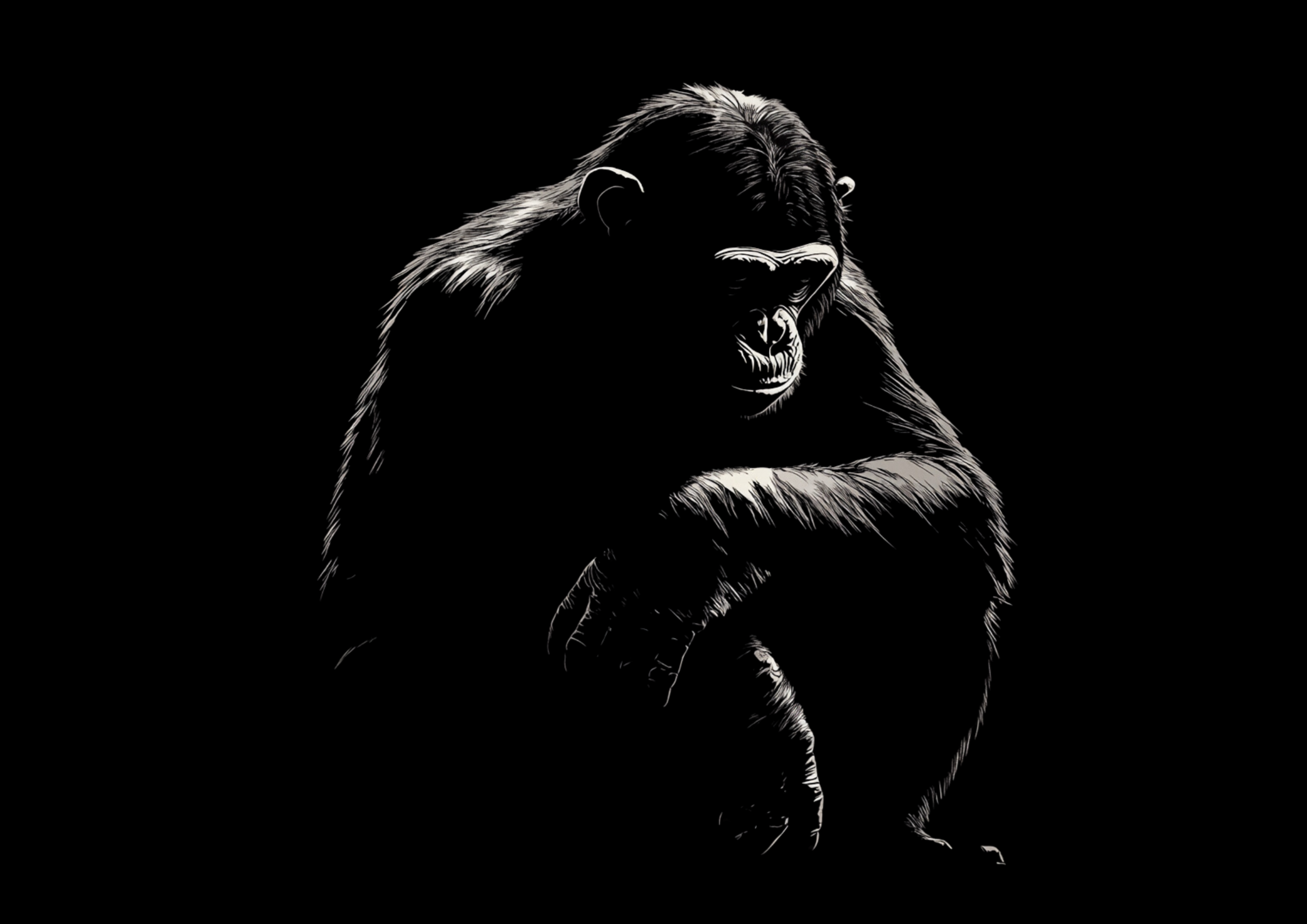 Black cotton t-shirt with a bold monochrome illustration of a gorilla in a kneeling position on the front.