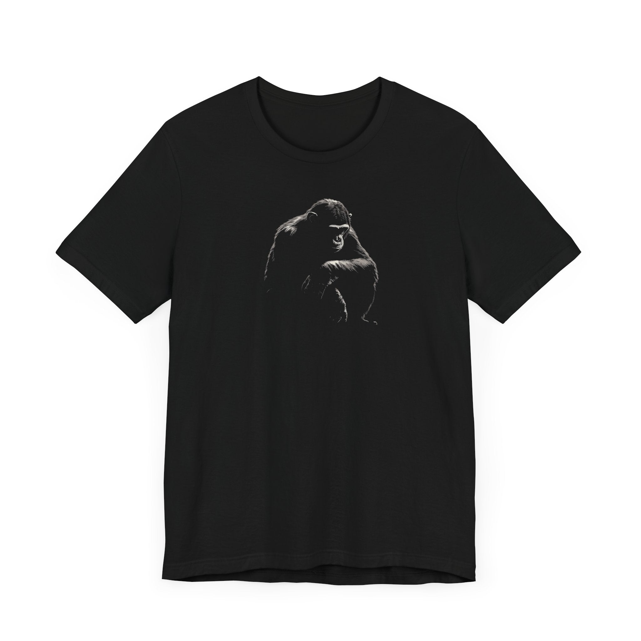 Black cotton t-shirt with a bold monochrome illustration of a gorilla in a kneeling position on the front.