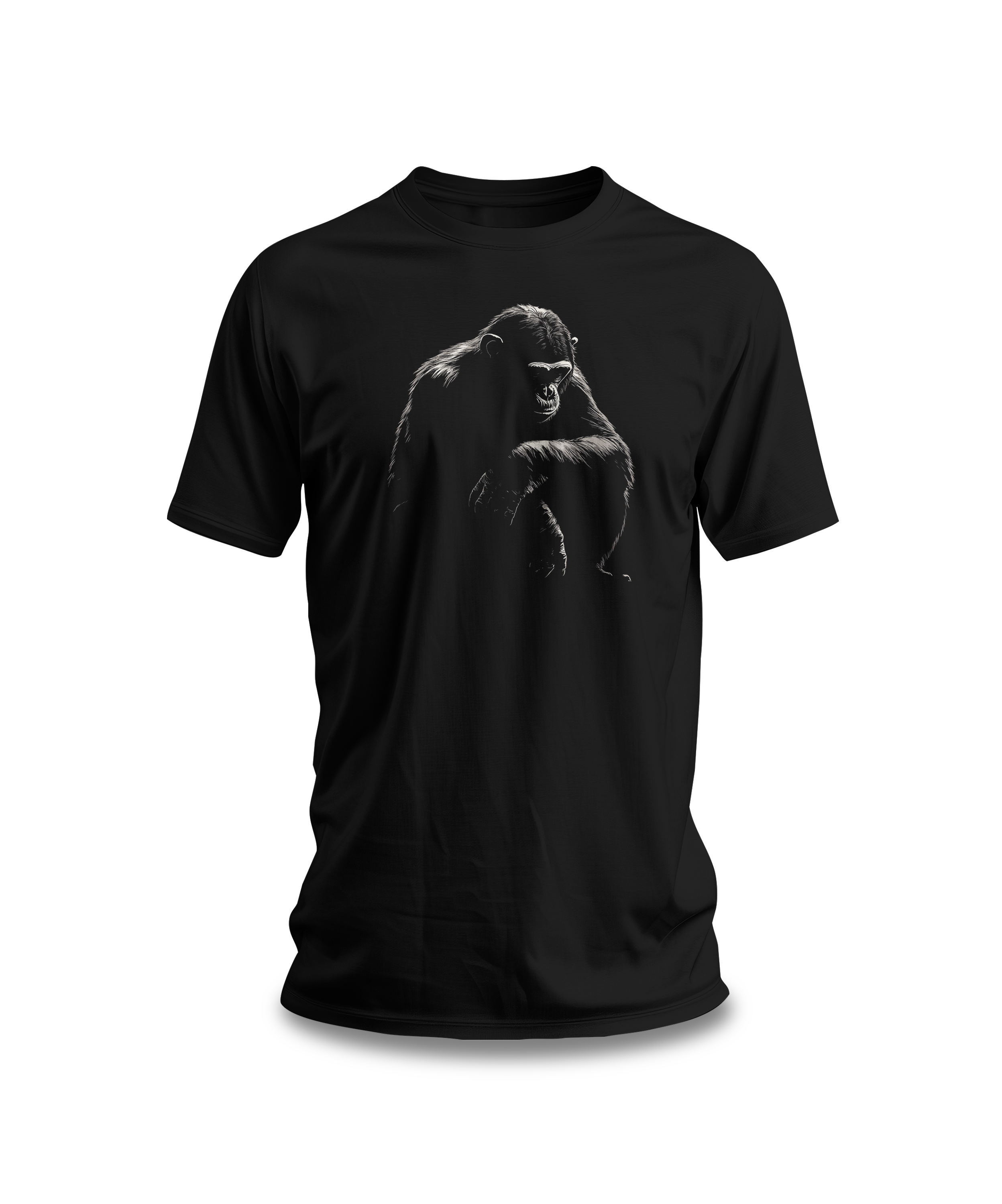 Black cotton t-shirt with a bold monochrome illustration of a gorilla in a kneeling position on the front.