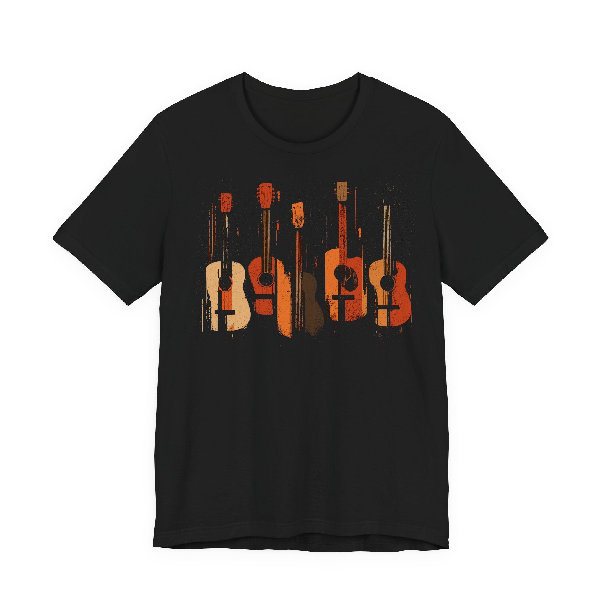 Black t-shirt with graphic of six guitars in orange and brown on a white background