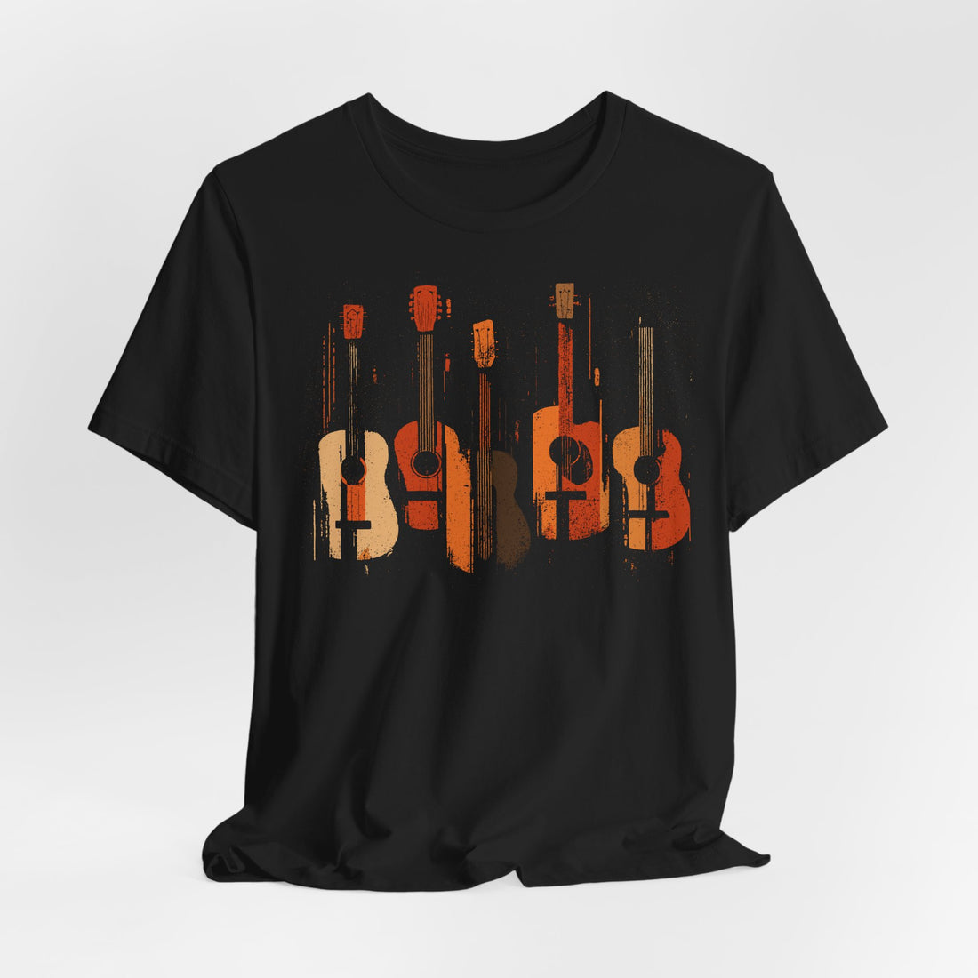 Black t-shirt with guitar graphic on a white background