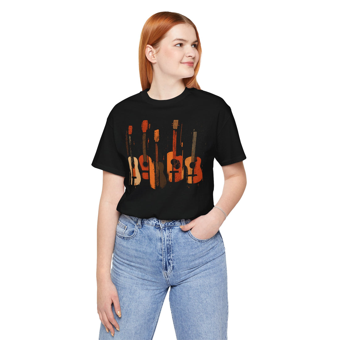 Person wearing a black t-shirt with graphic design and blue jeans on a white background