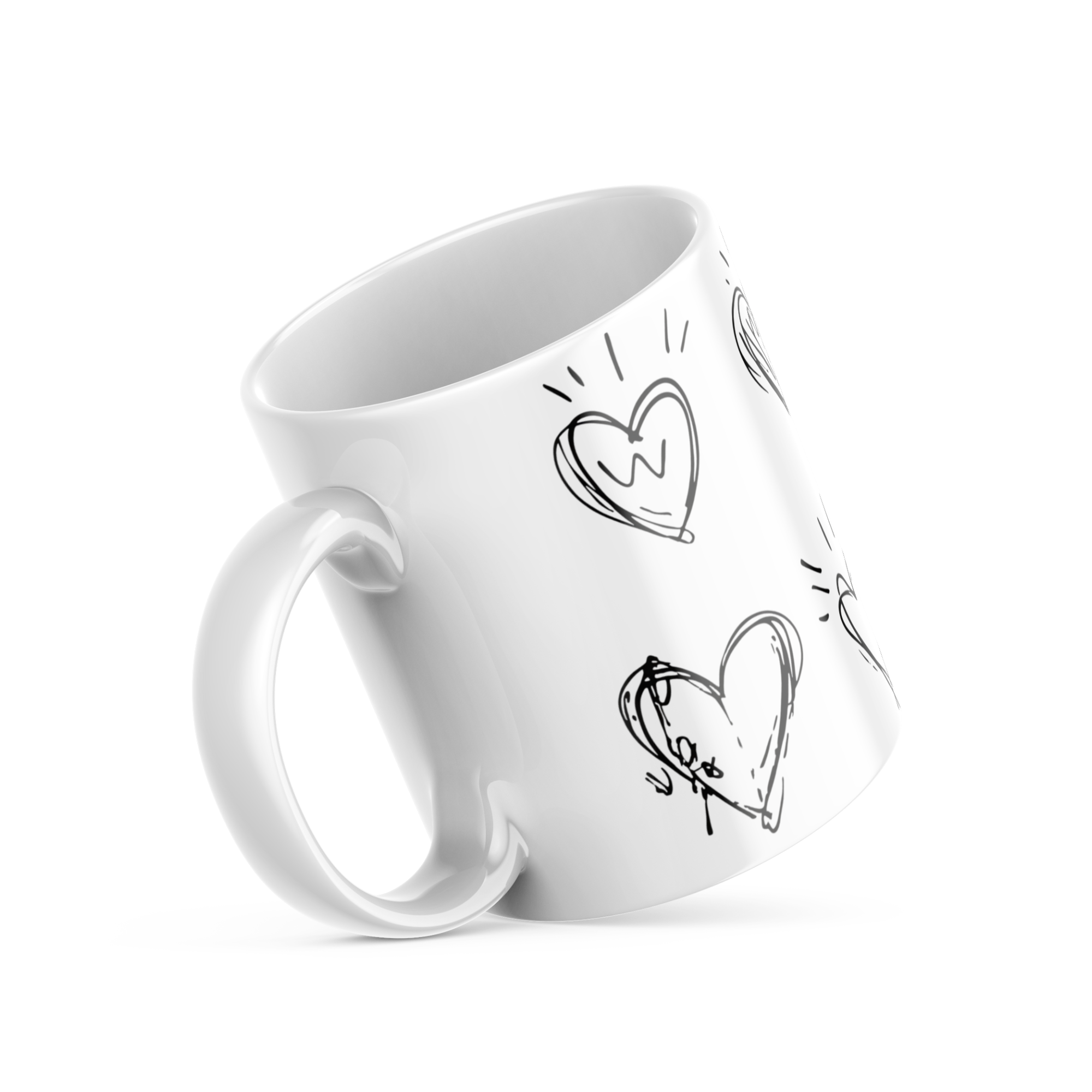 White mug with heart designs on a white background