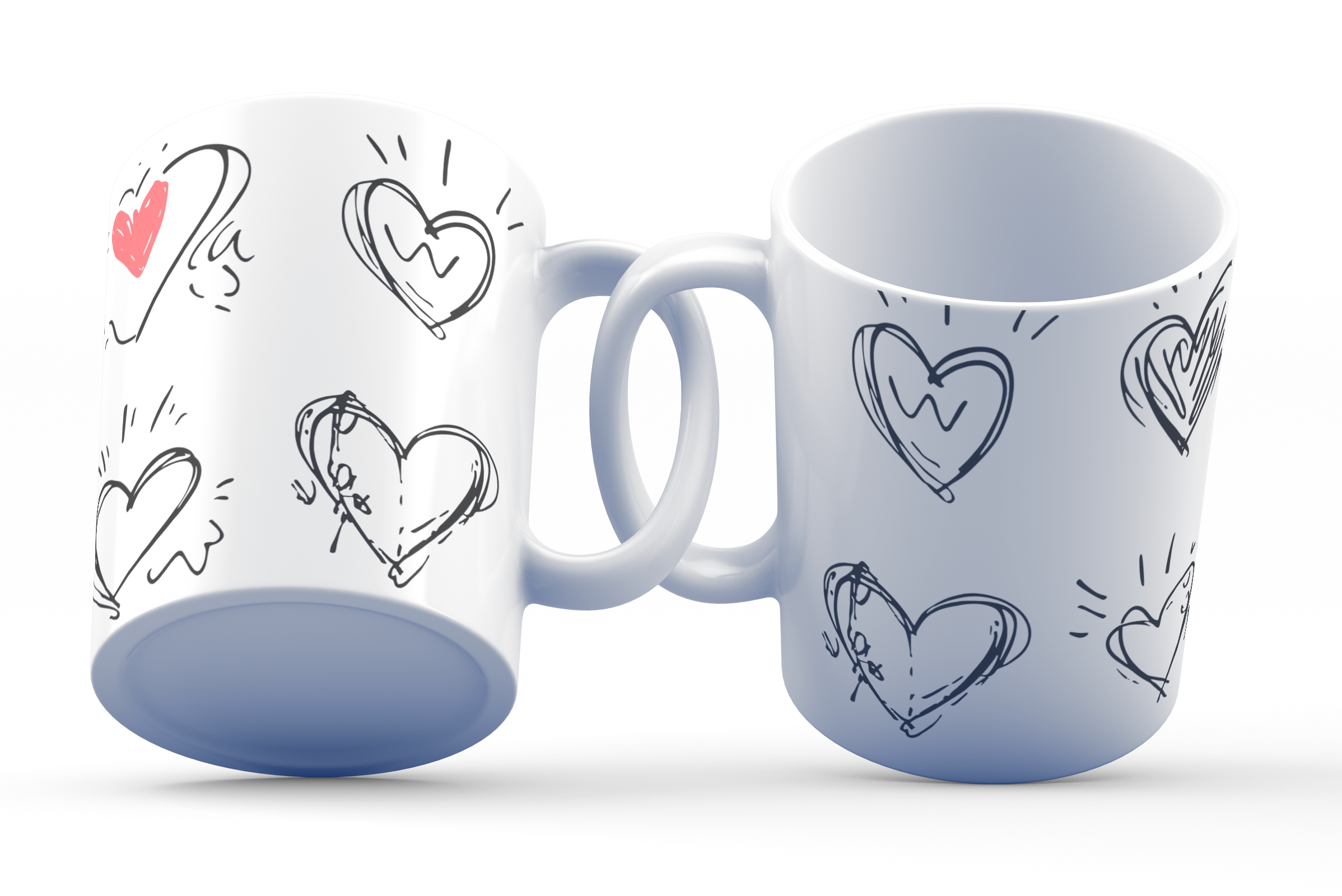 A white ceramic coffee cup with a playful heart sketch design, featuring doodle patterns in black, with a few hearts highlighted in vibrant pink.
