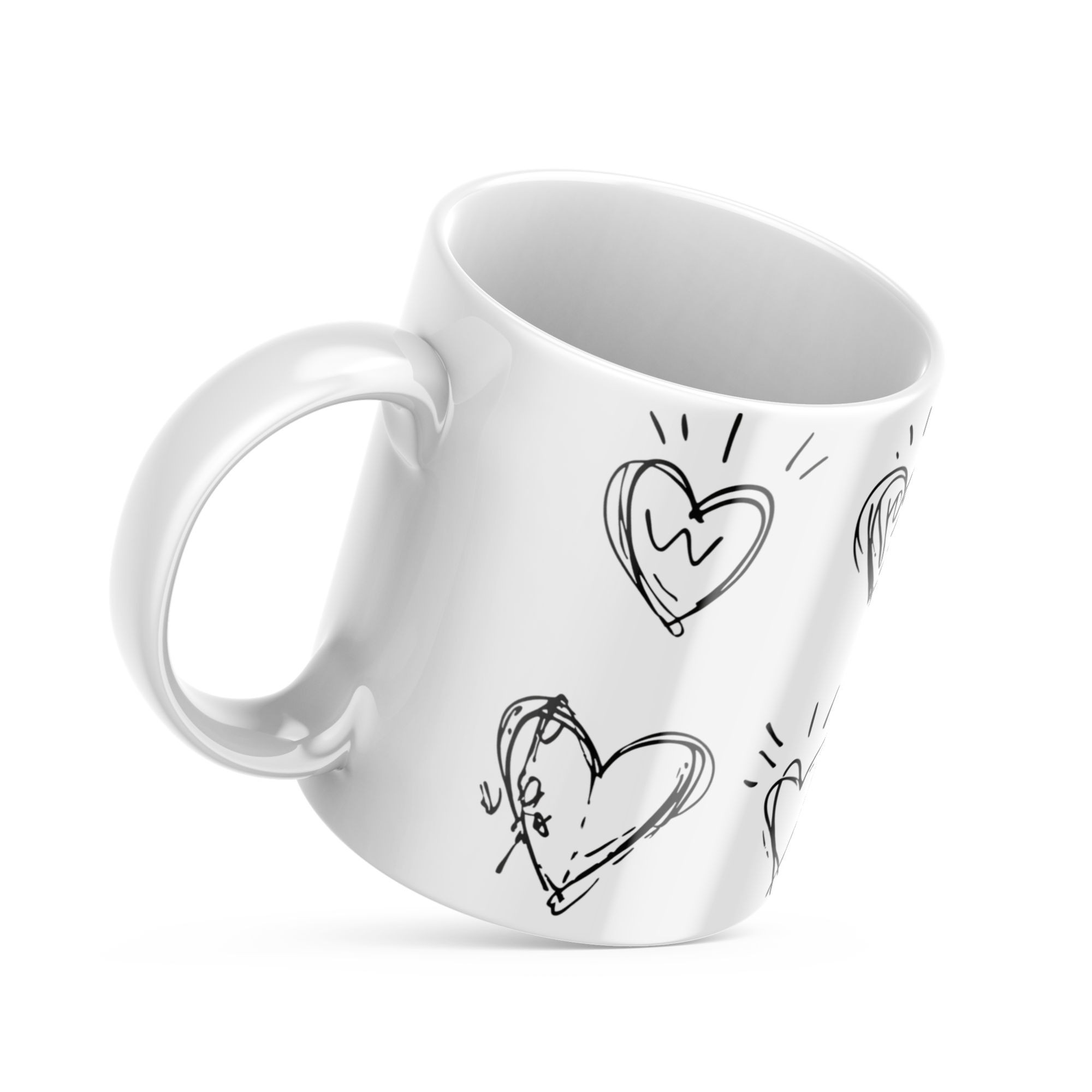 White mug with heart designs on a white background