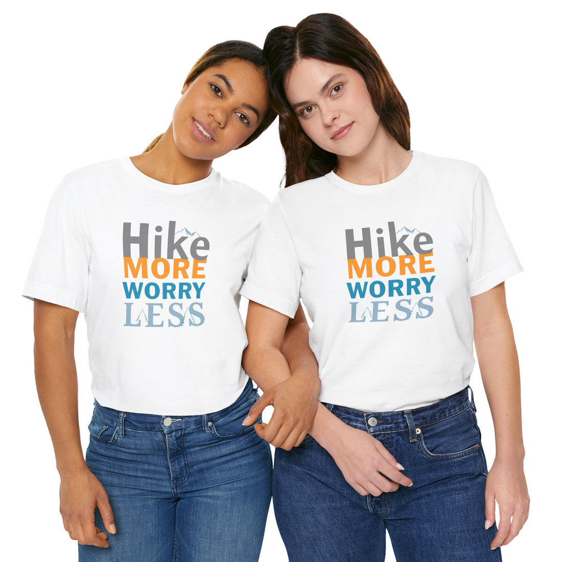 White crew neck t-shirt with the text 'Hike More Worry Less' printed in a gradient of orange, gray, and blue.