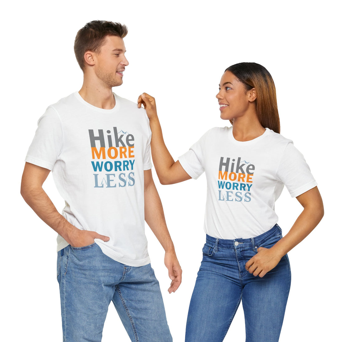 White crew neck t-shirt with the text 'Hike More Worry Less' printed in a gradient of orange, gray, and blue.