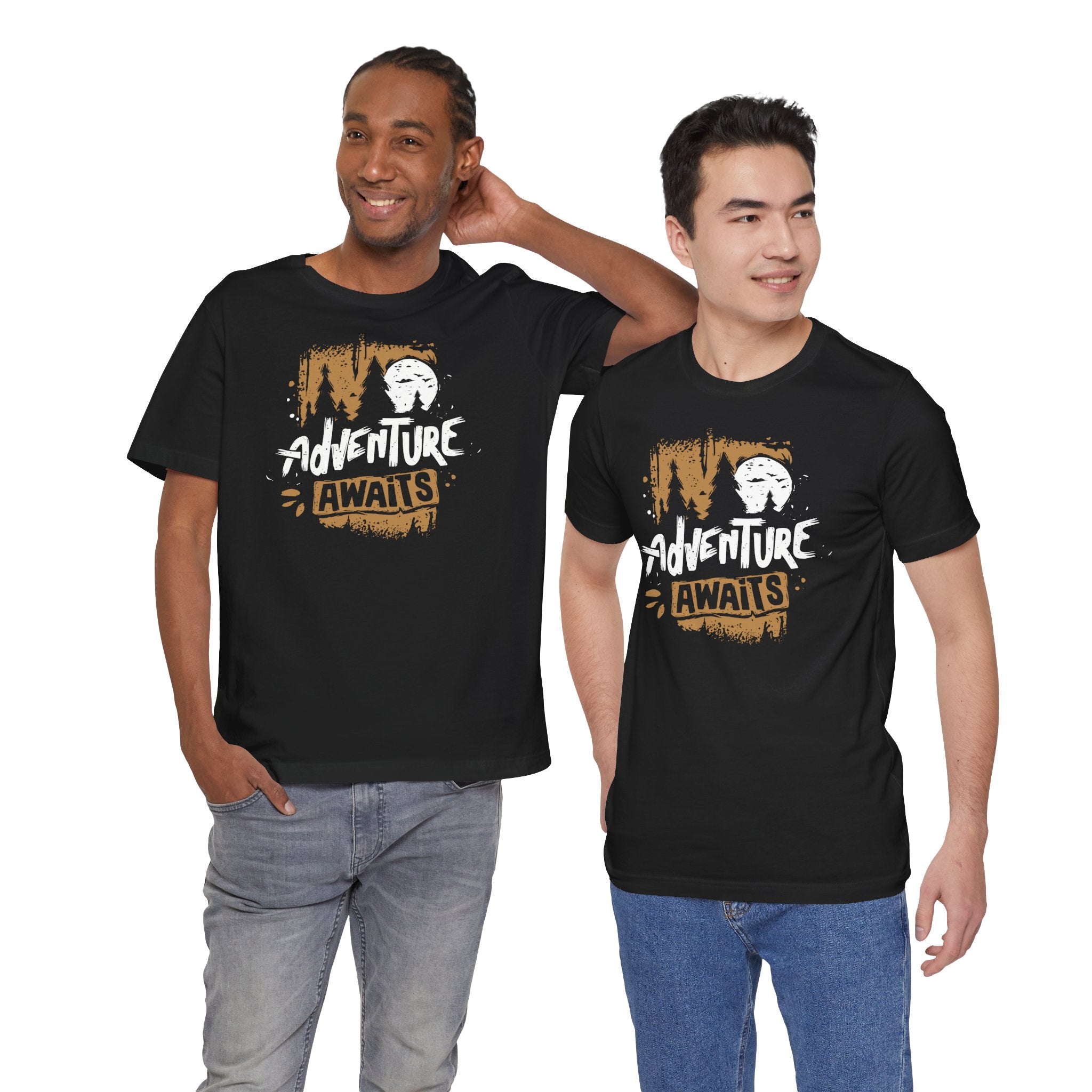 Two men wearing black t-shirts with 'Adventure Awaits' design on a white background