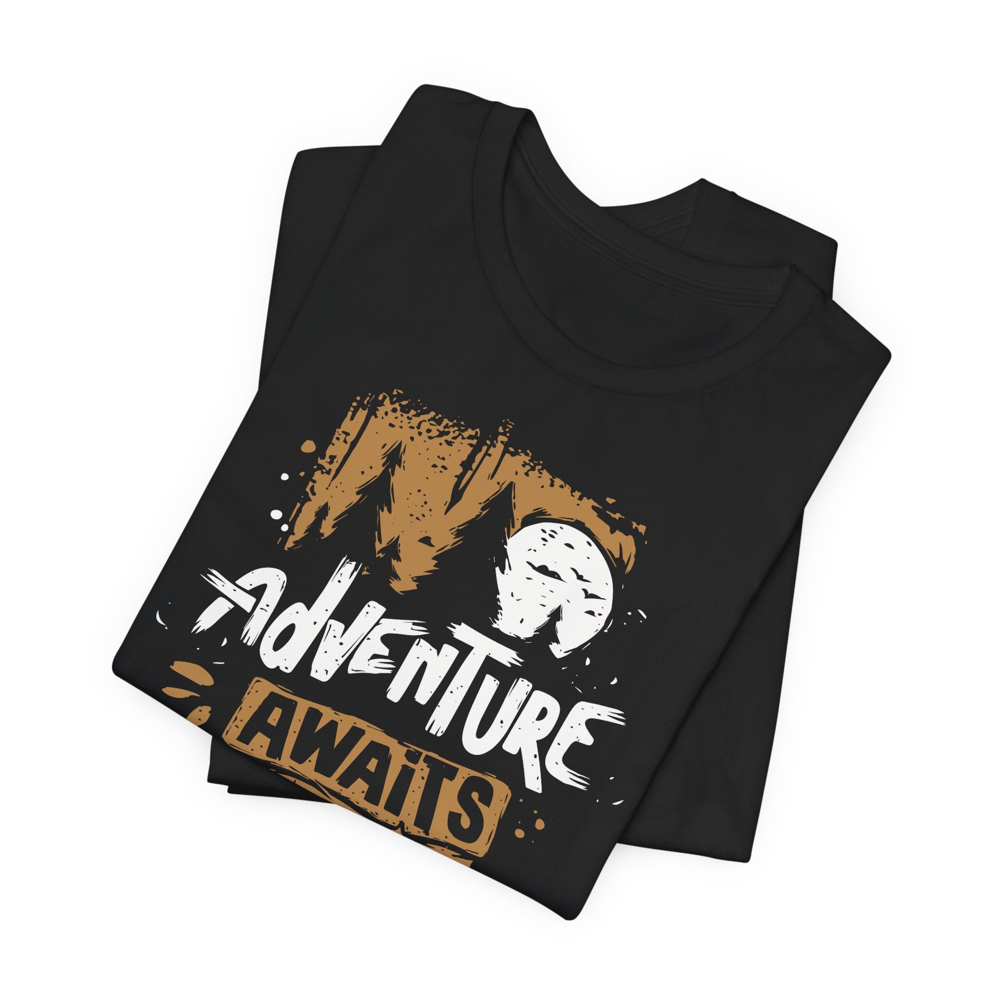 Black t-shirt with 'Adventure Awaits' graphic design on a white background