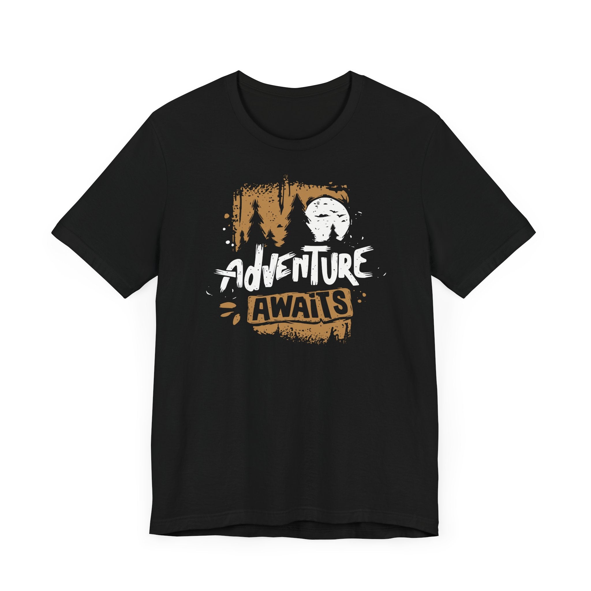 Black t-shirt with 'Adventure Awaits' graphic design on a white background
