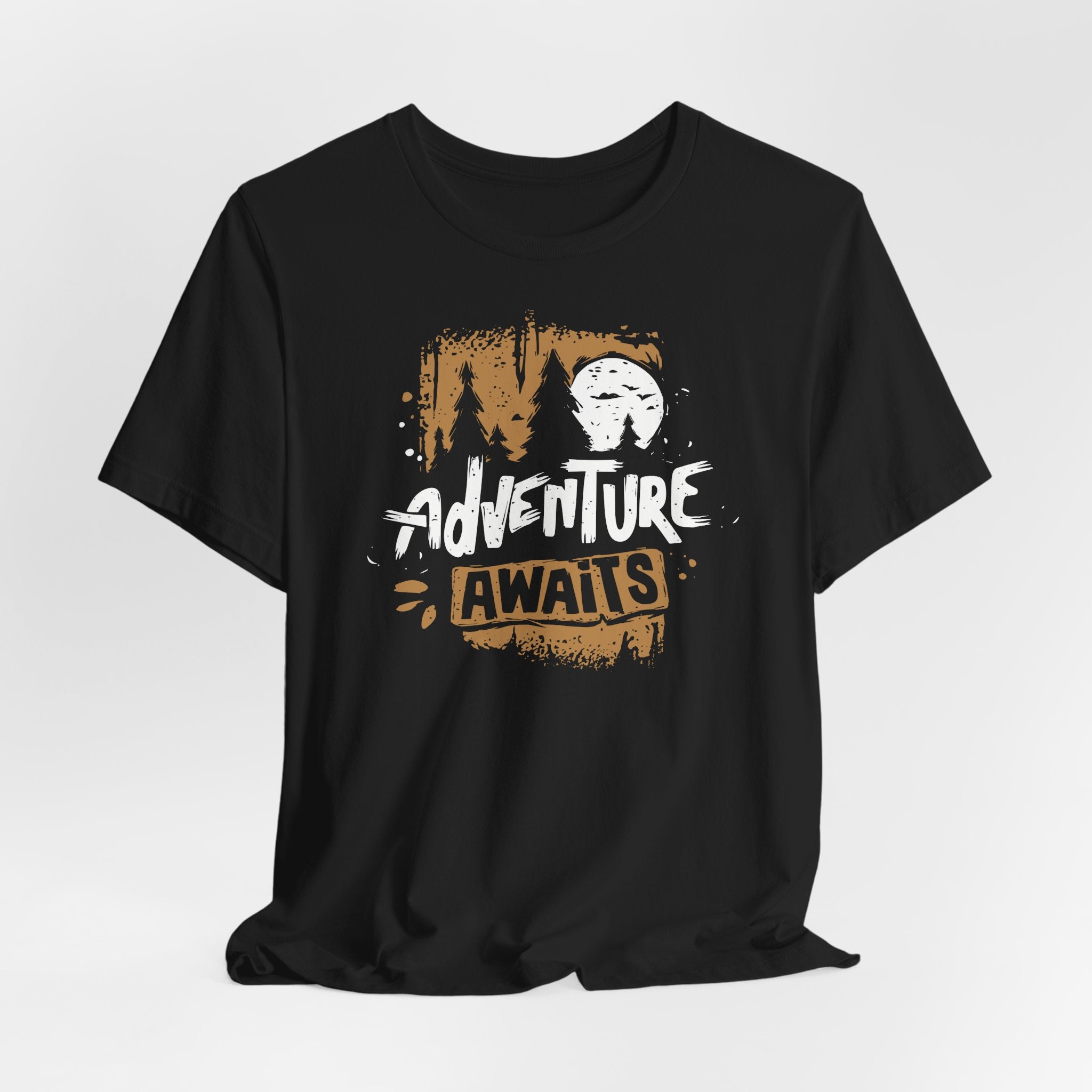 Black t-shirt with 'Adventure Awaits' graphic design on a white background