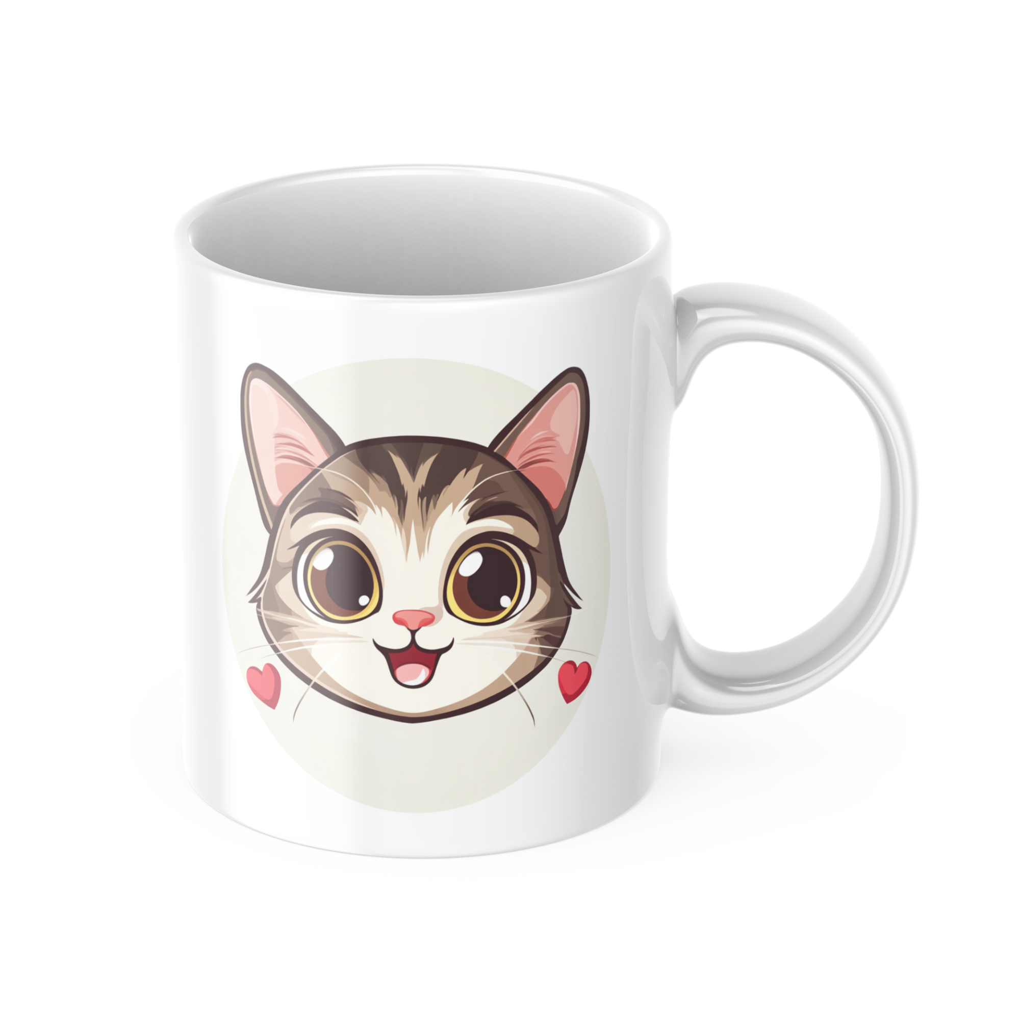 Woman enjoying breakfast with Kawaii Cat Mug, cute coffee cup